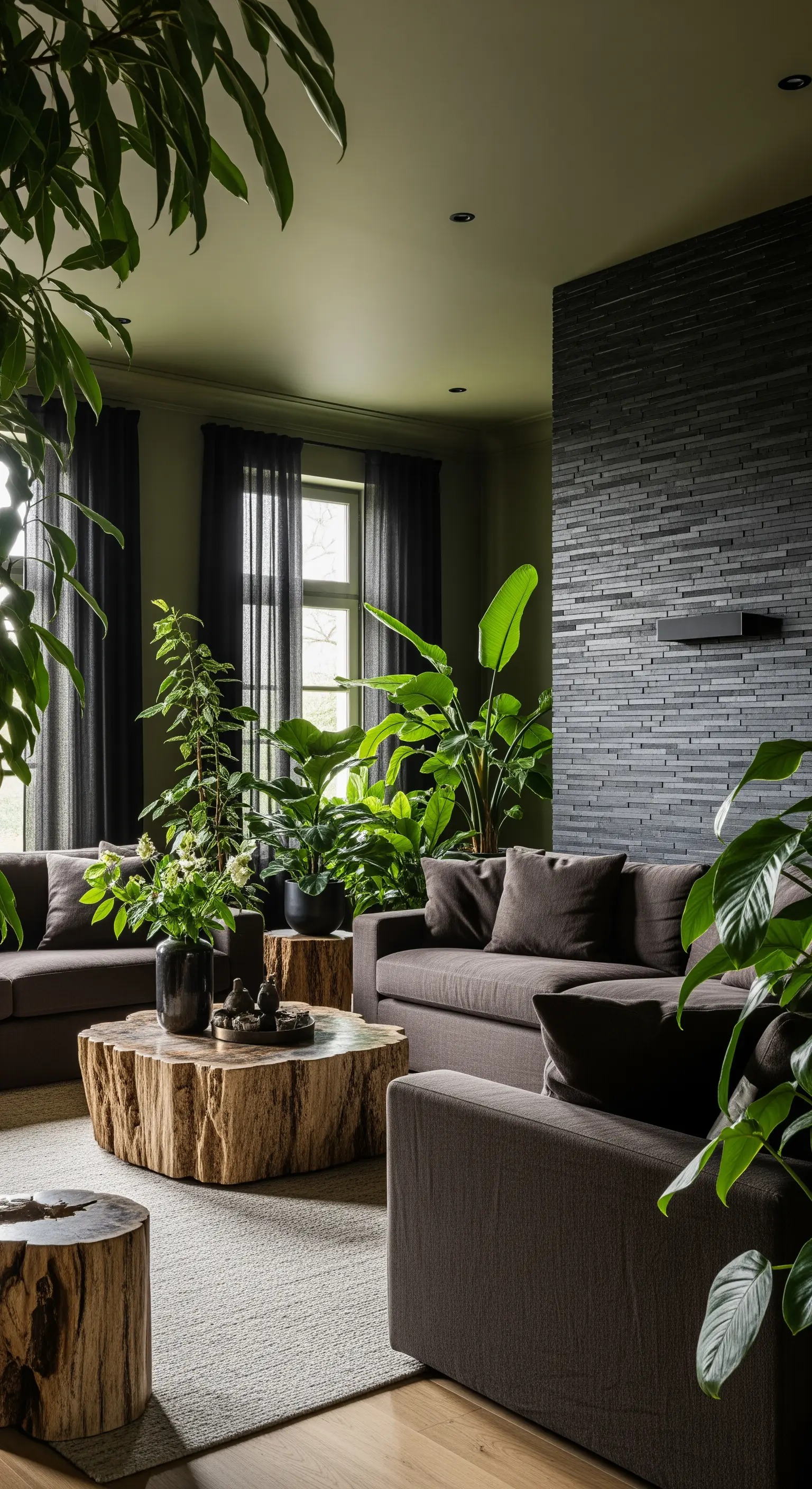 Dunkles Wohnzimmer voller großer Zimmerpflanzen und mit Couchtischen aus Baumstämmen.