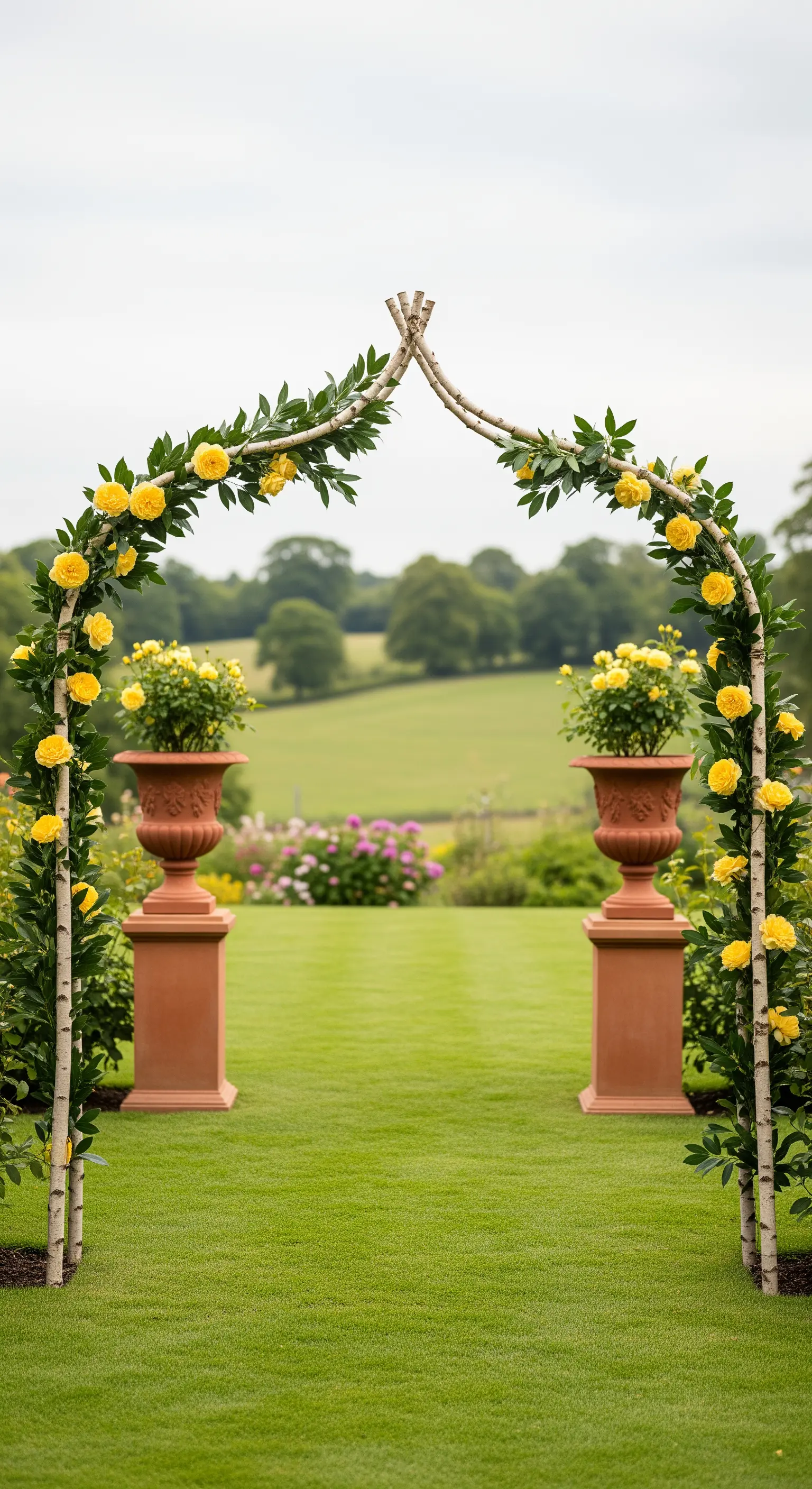 Bogen aus Birkenstämmen mit gelben Rosen und Grün, flankiert von Terrakottavasen auf Podesten im Grünen.