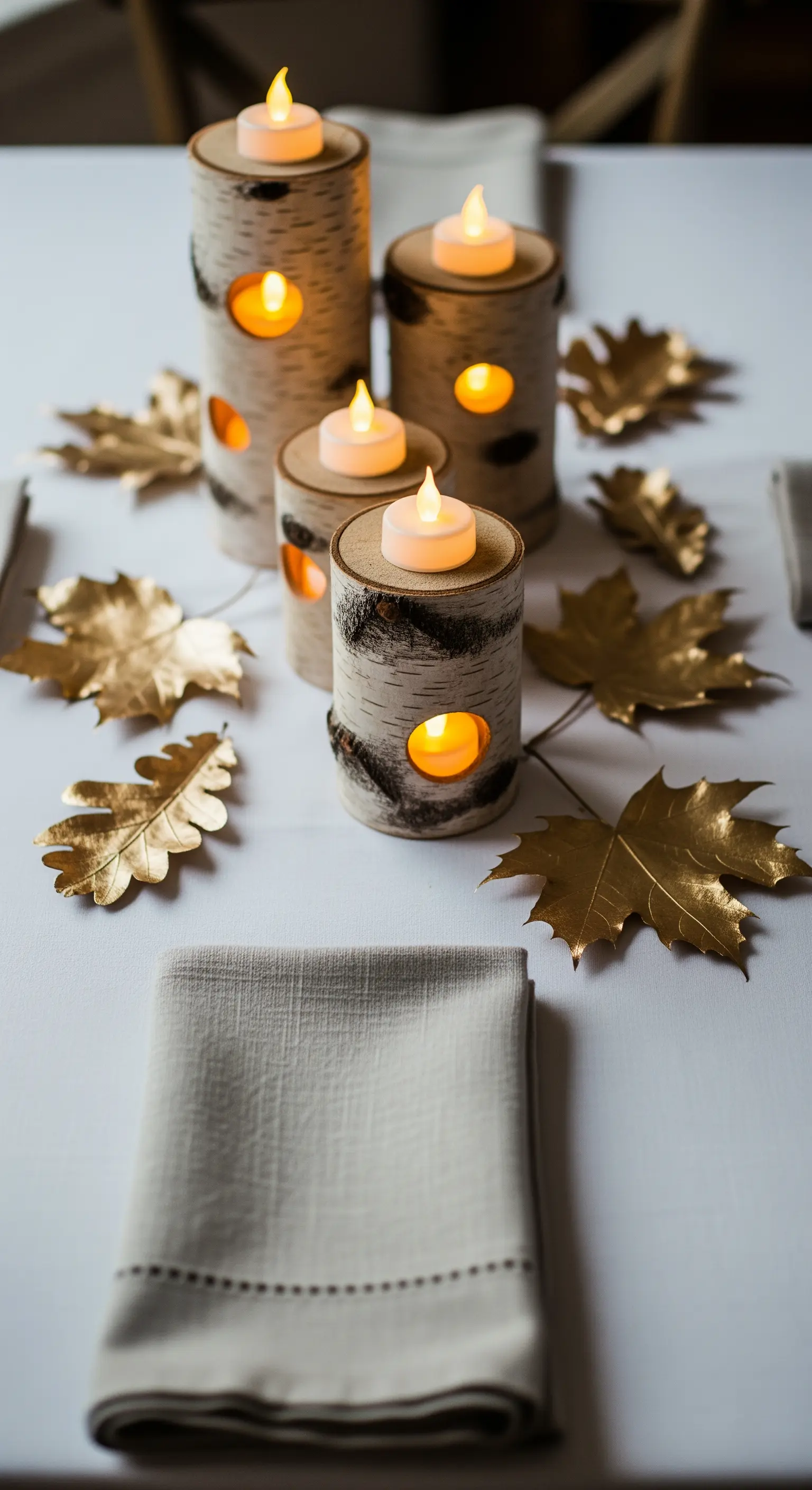 Tischdeko mit Birkenholz-Kerzenhaltern, LED-Teelichtern und goldenen Blättern.