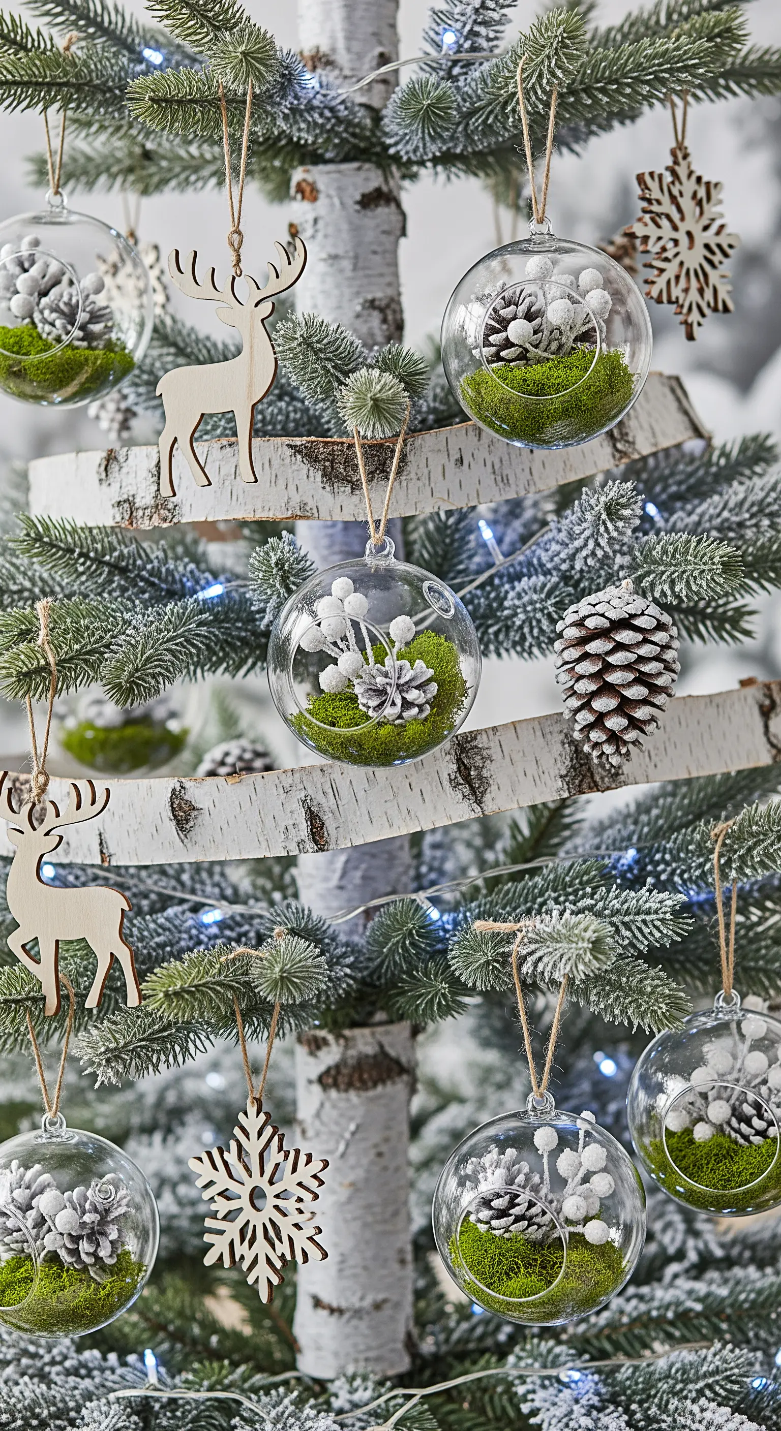 Birkenbaum mit Glas-Terrarien, Moos, Zapfen, Rentier-Silhouetten, Birkenrinde.