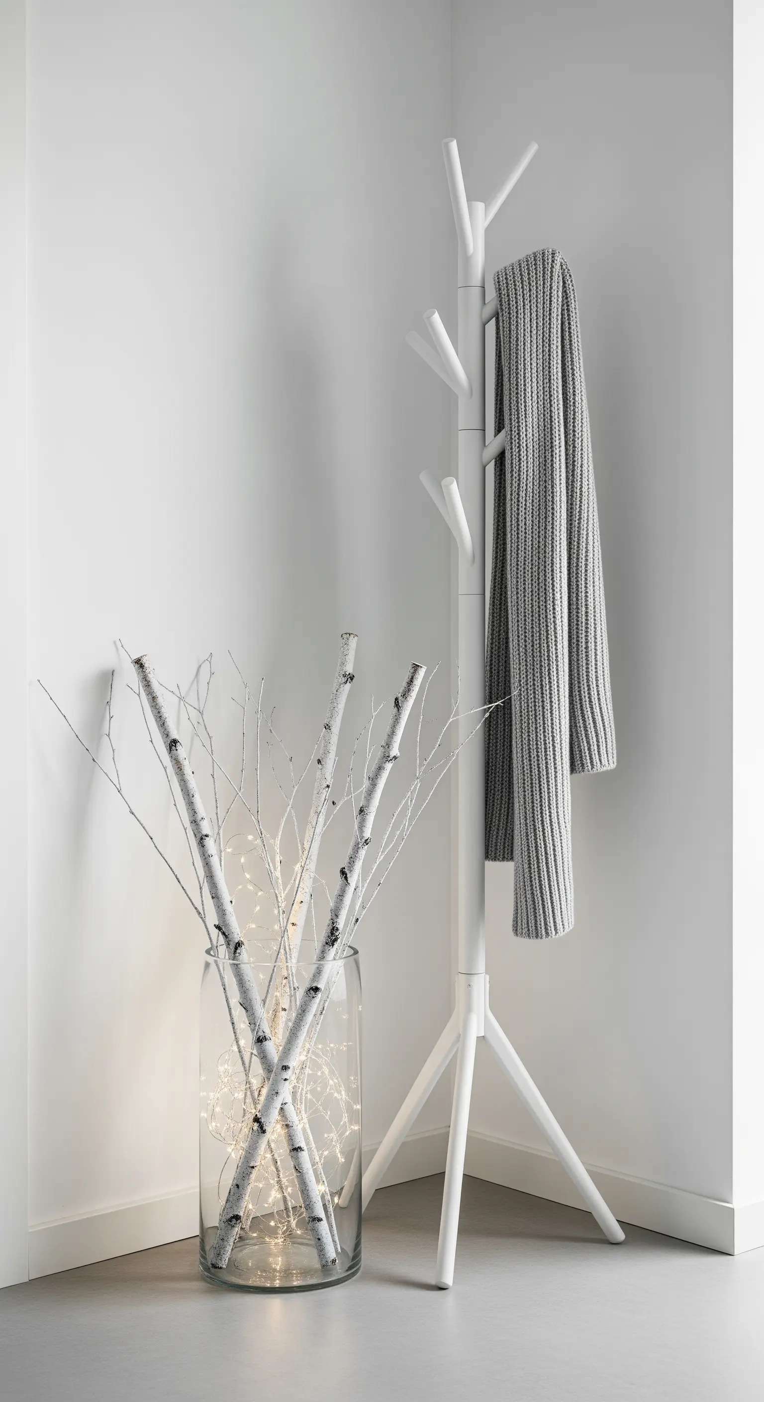 Glasvase mit beleuchteten Birkenzweigen und weißer Garderobenständer