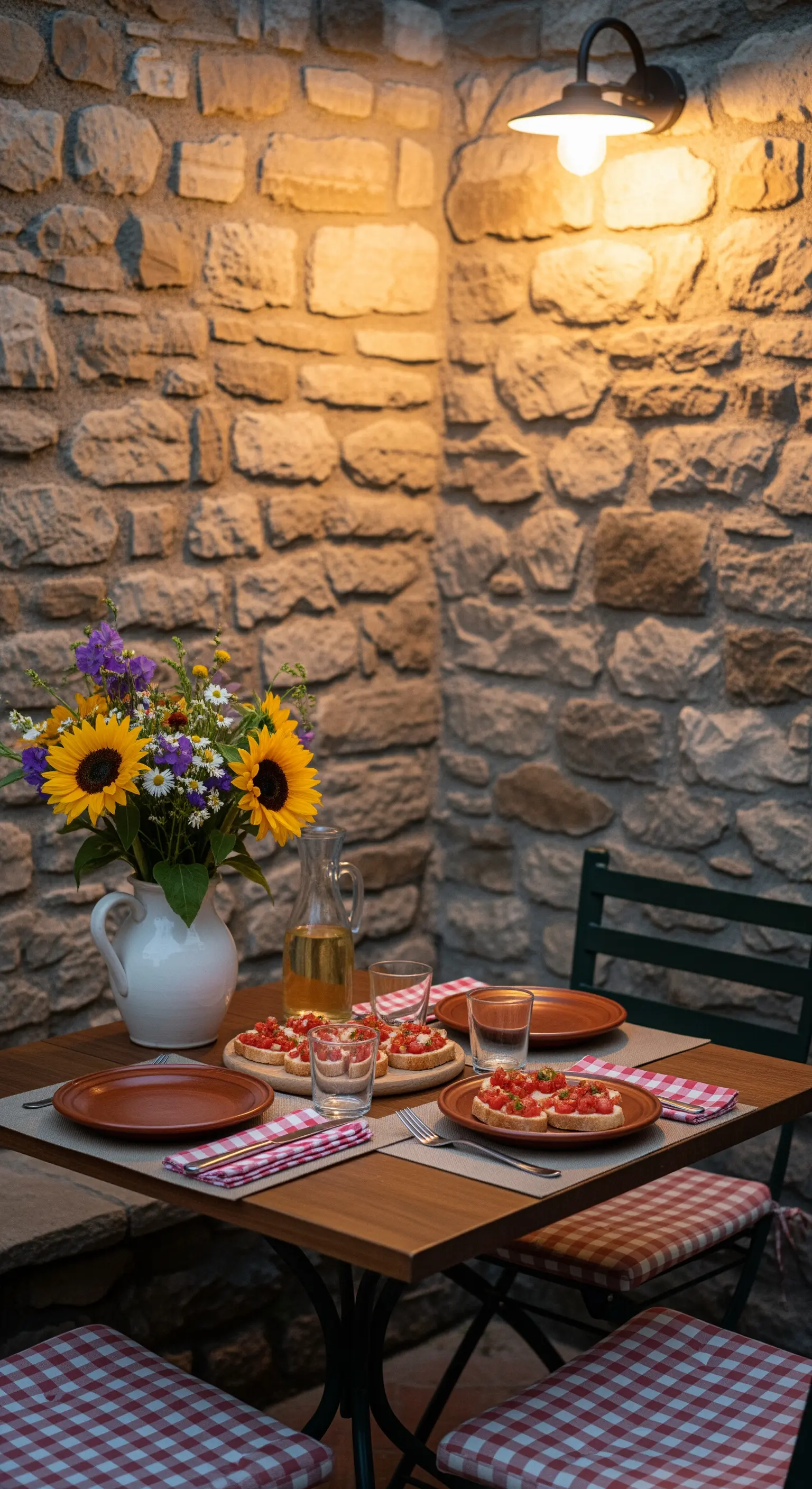 Kleiner Tisch vor einer Steinwand mit Sonnenblumen, Gingham-Mustern und Bruschetta.