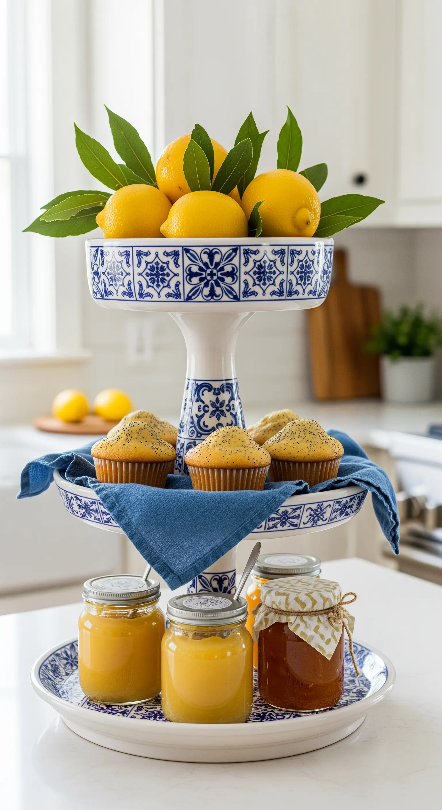 Etagere in Blau-Weiß-Optik mit Zitronen, Muffins und Gläsern mit Lemon Curd.