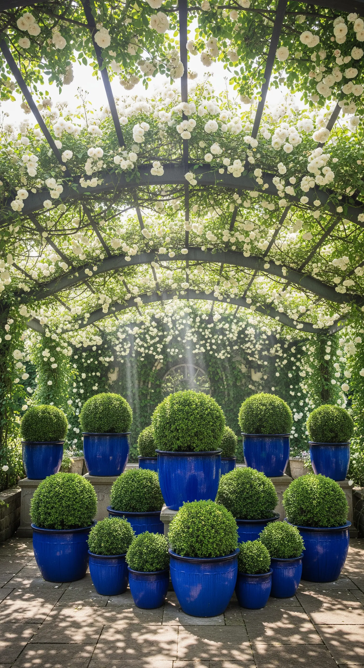 Weiße Pergola mit weißen Kletterrosen und blauen Töpfen mit Buchsbaum-Kugeln