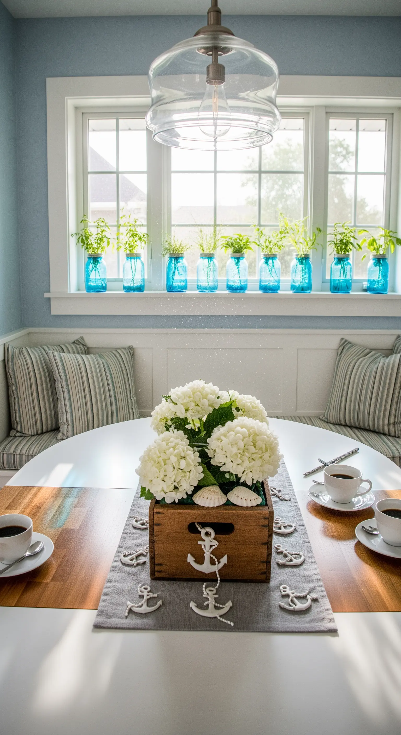 Frühstücksecke mit blauen Mason Jars, Hortensien in Holzkiste und Anker-Tischläufer