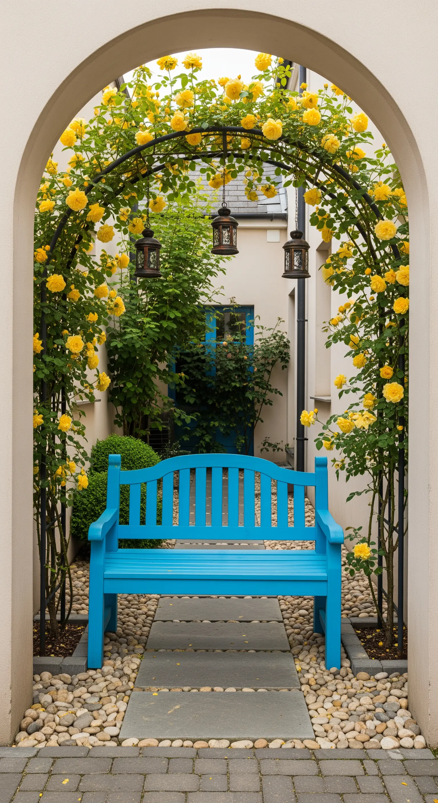 Blauer Gartenbank unter gelbem Rosenbogen mit Laternen