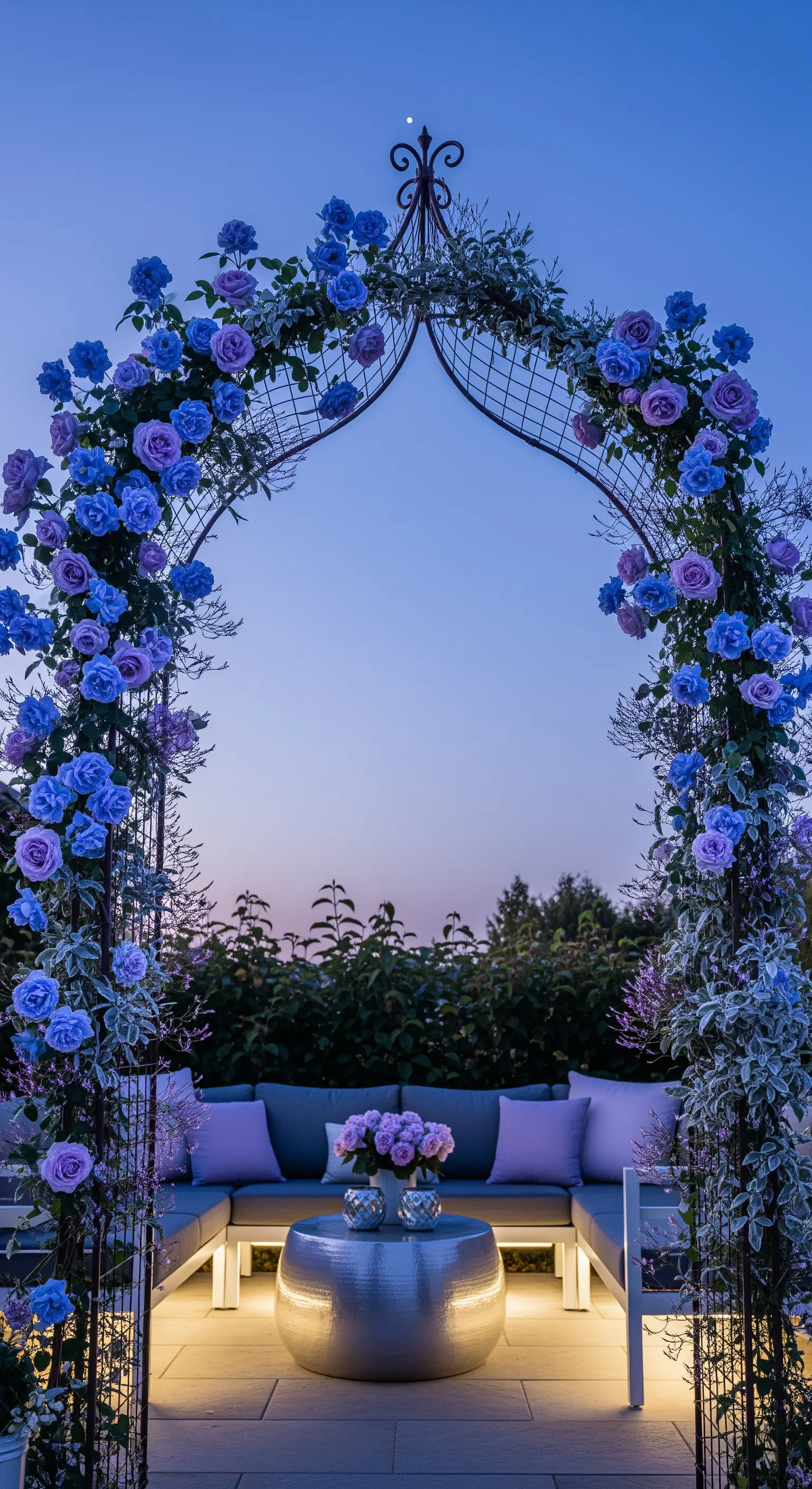 Blauer Rosenbogen, Terrasse, Lounge-Möbel, Abendbeleuchtung