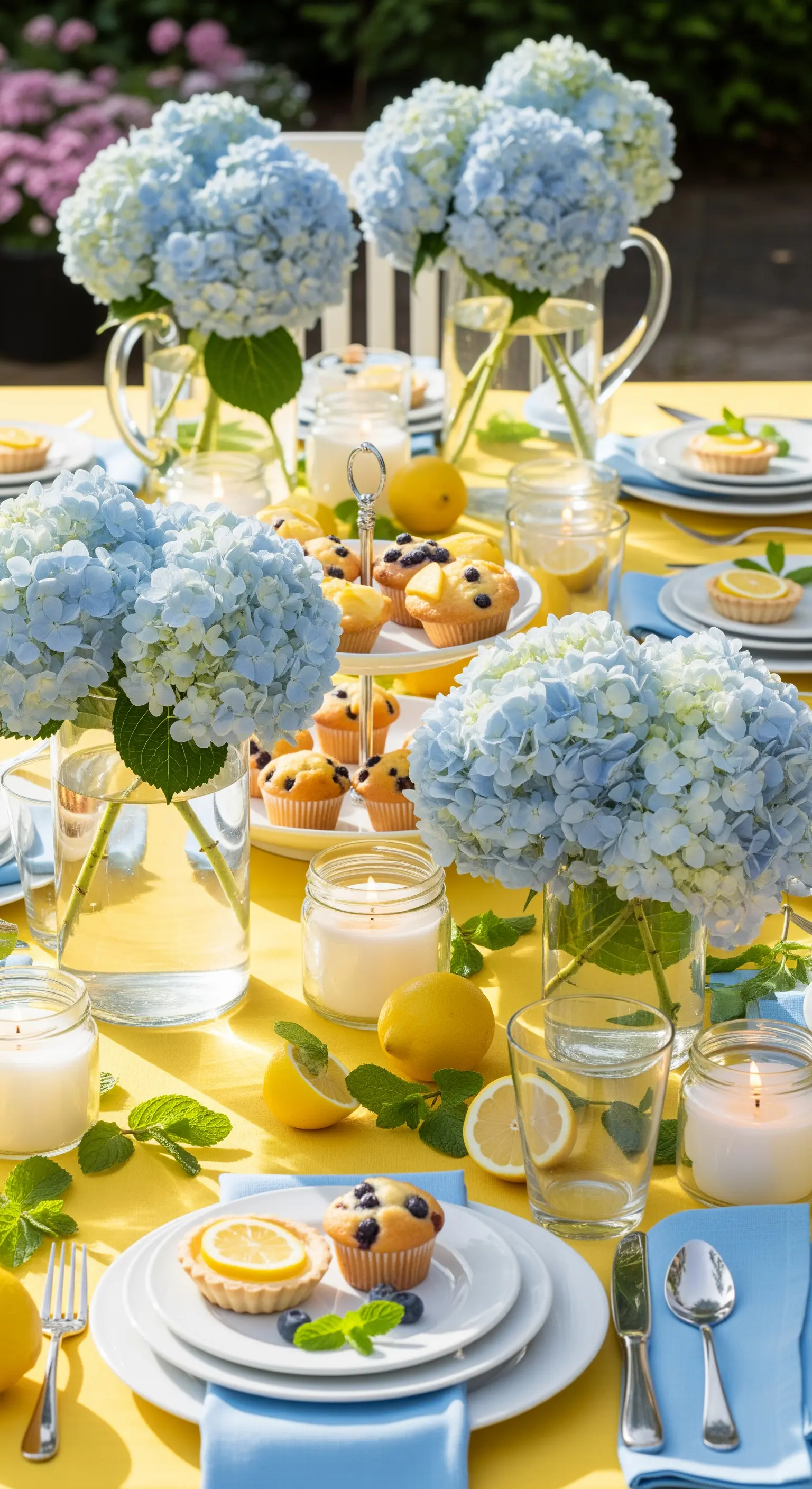 Hortensien, Zitronen und blaue Servietten auf gelber Tischdecke