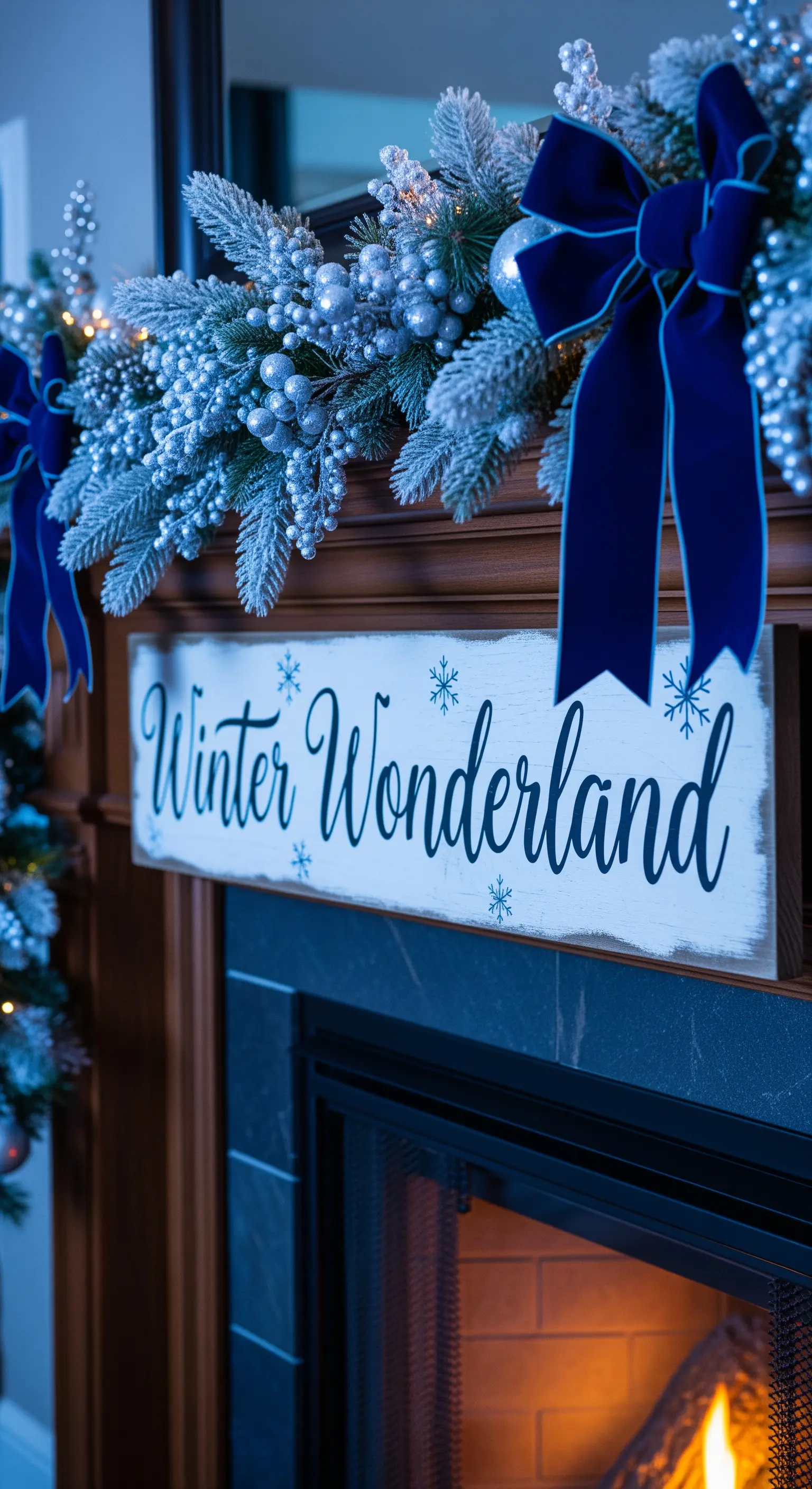„Winter Wonderland“ Schild, blaue Schleifen, frostige Girlande am Kamin