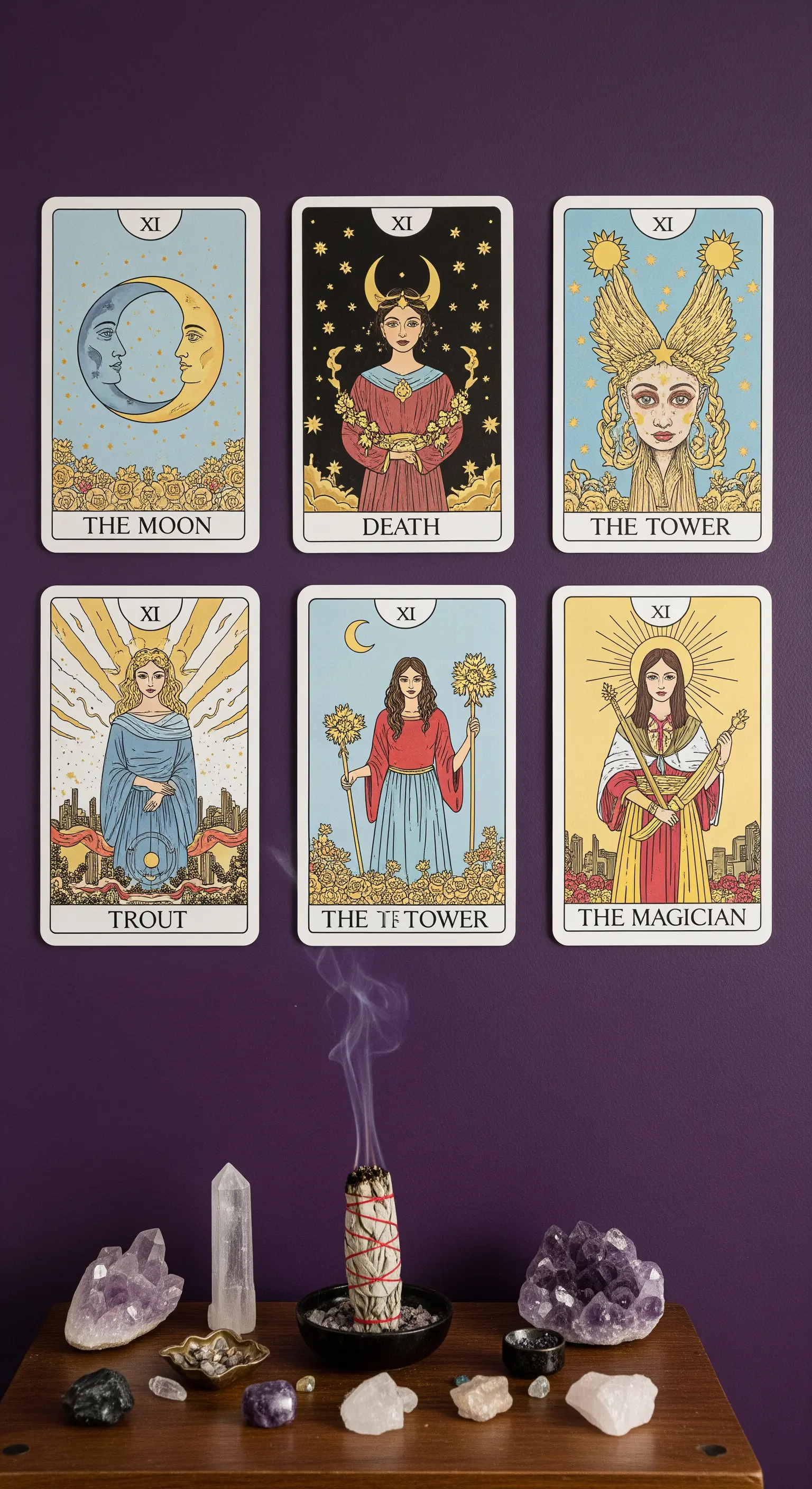 Eine Auswahl an Tarotkarten, kunstvoll an einer violetten Wand arrangiert.