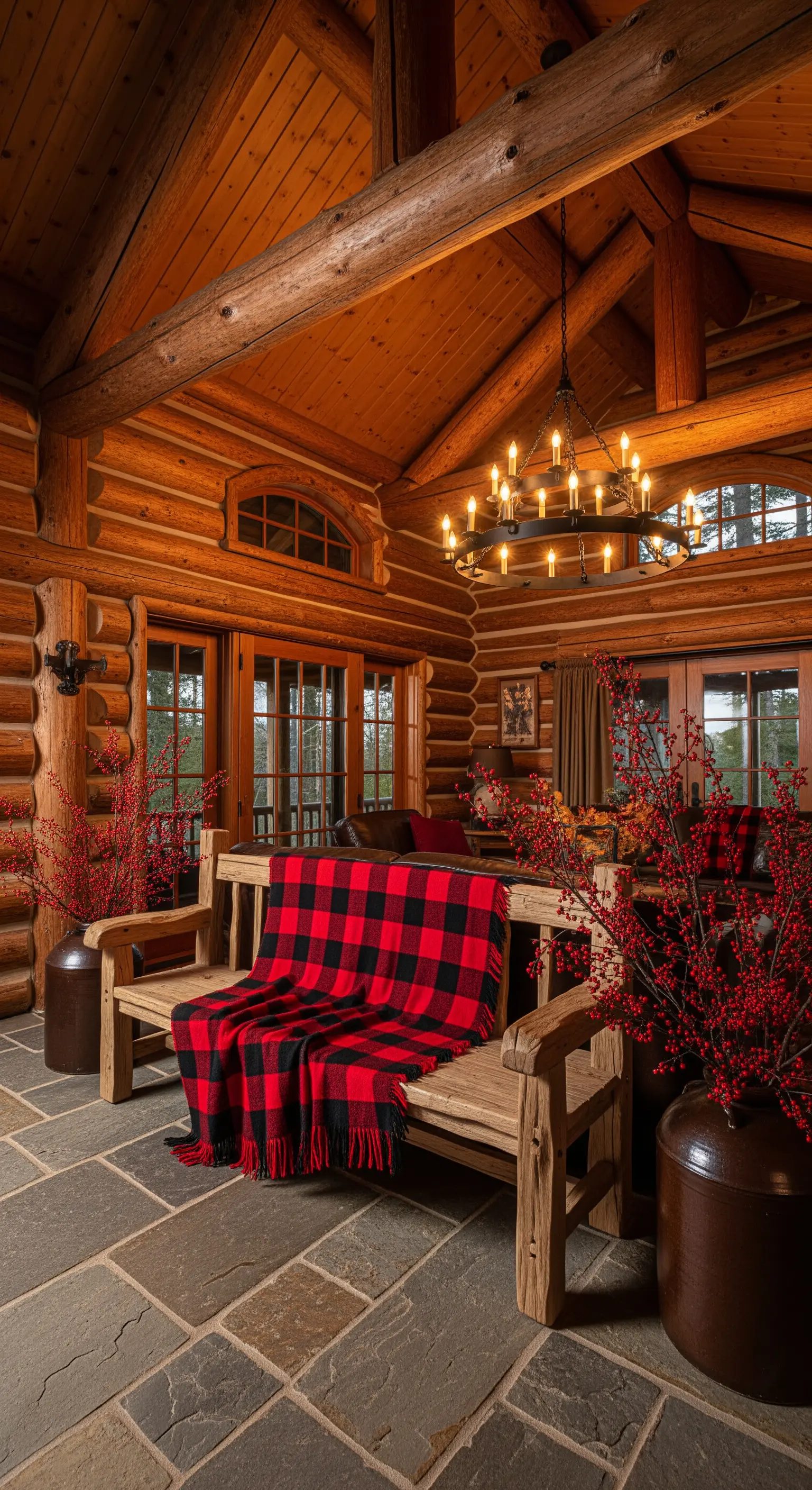 Rustikale Blockhütte mit Holzbank, roter Plaiddecke und Beerenzweigen