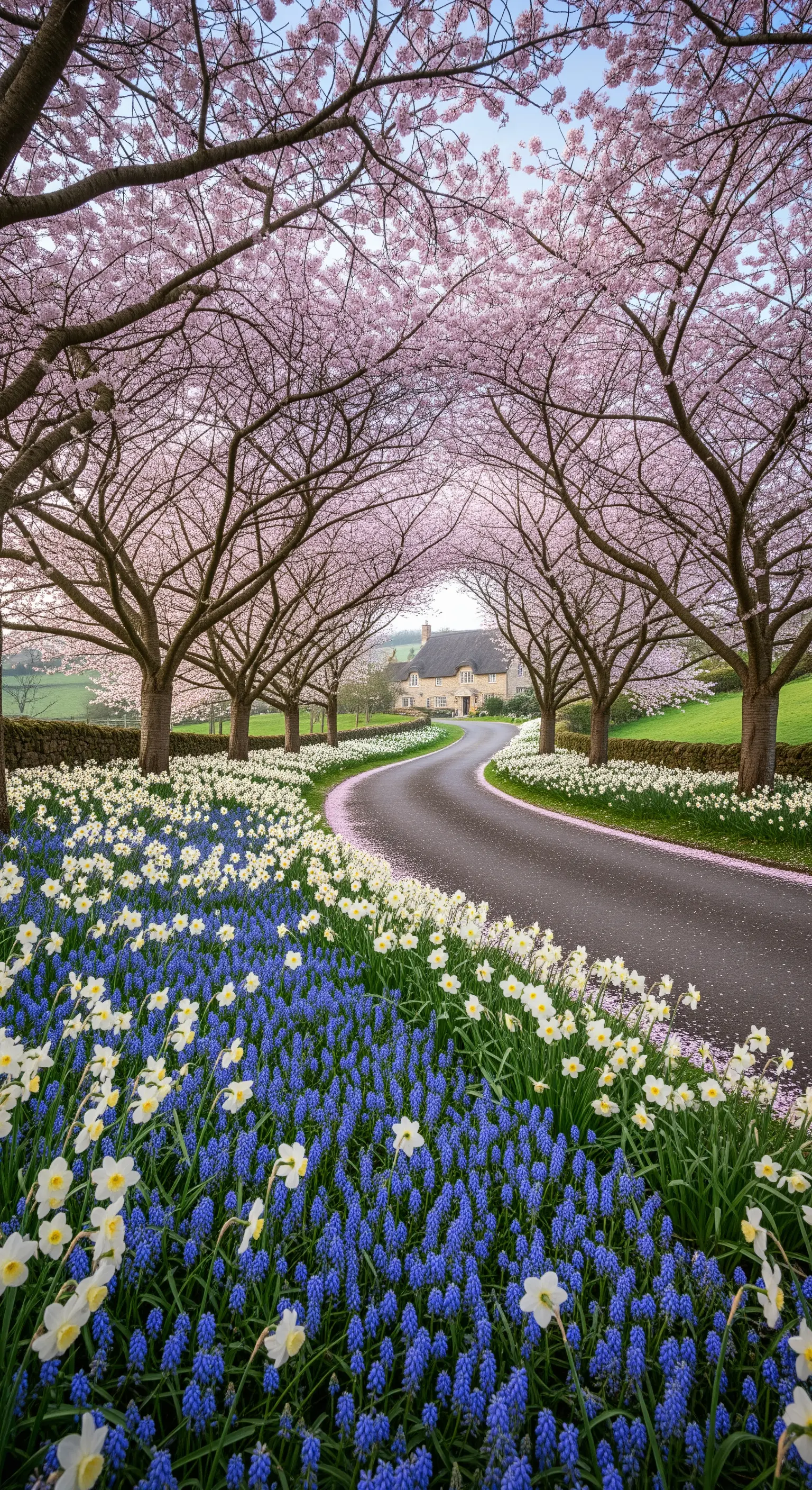 Allee mit blühenden Kirschbäumen, blauen Traubenhyazinthen und weißen Narzissen