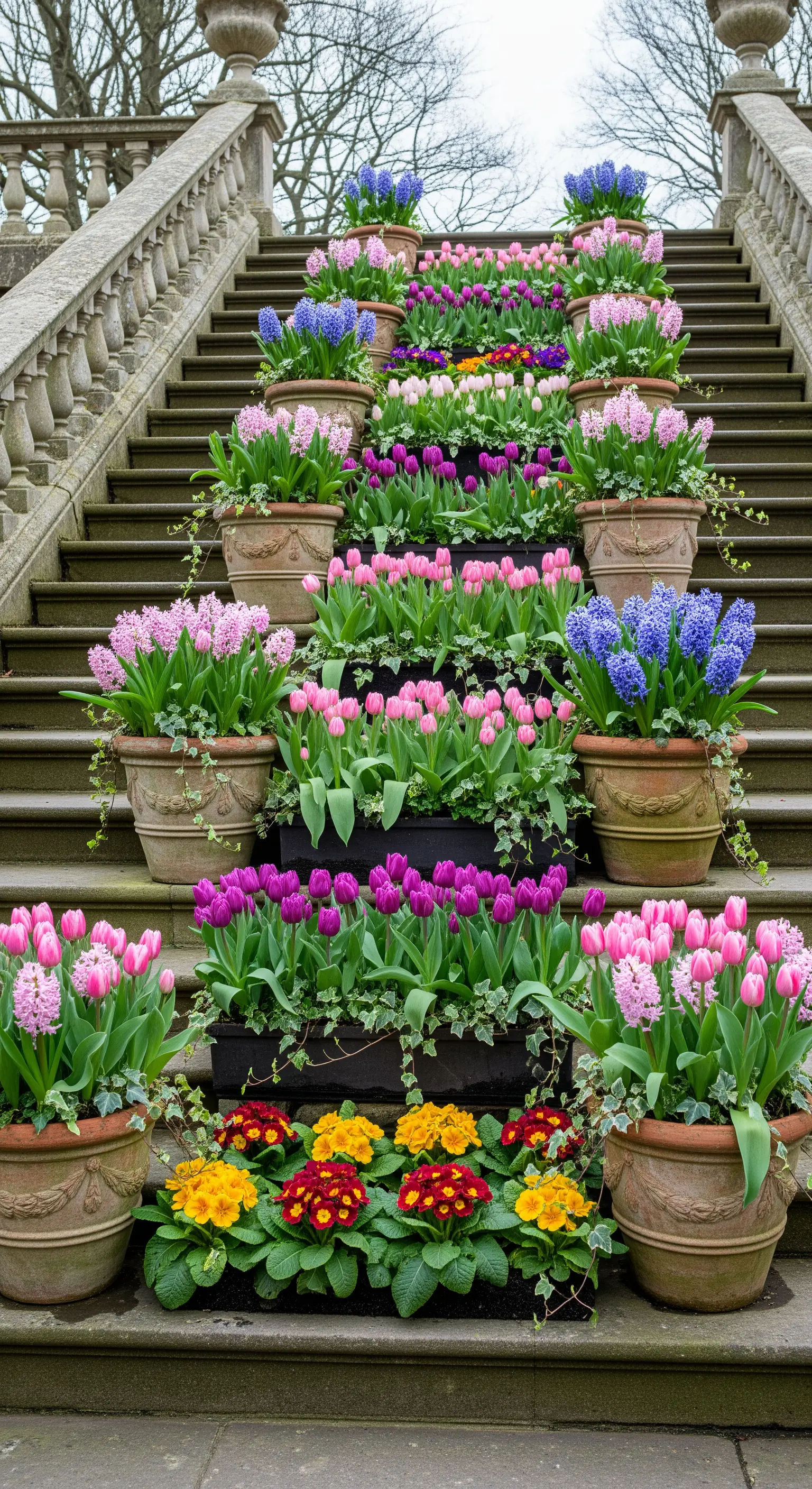 Große Steintreppe, die auf jeder Stufe mit Töpfen voller Frühlingsblumen dekoriert ist.