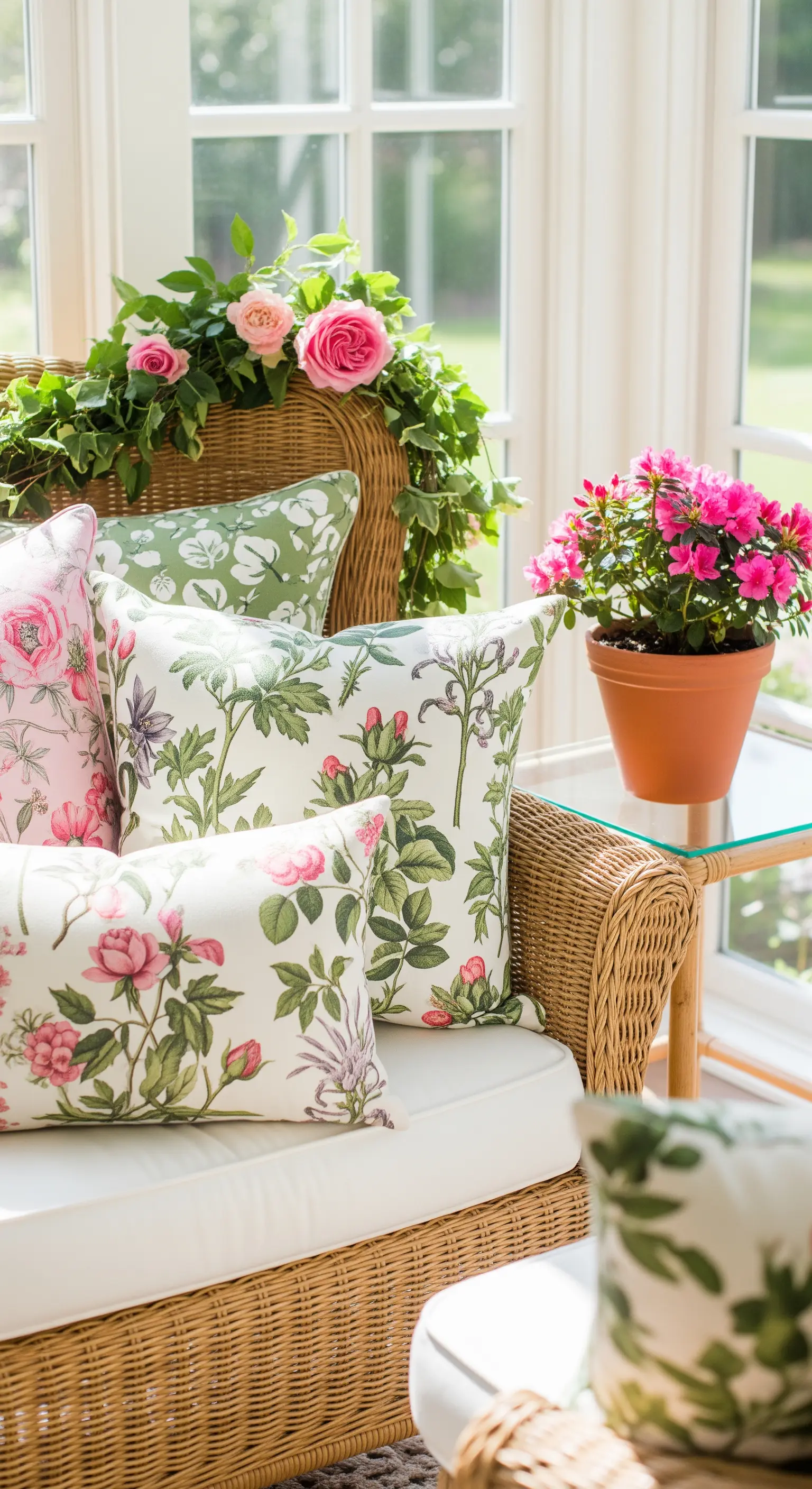 Rattansofa in einem hellen Raum mit Kissen mit Blumenmuster und echten Pflanzen.