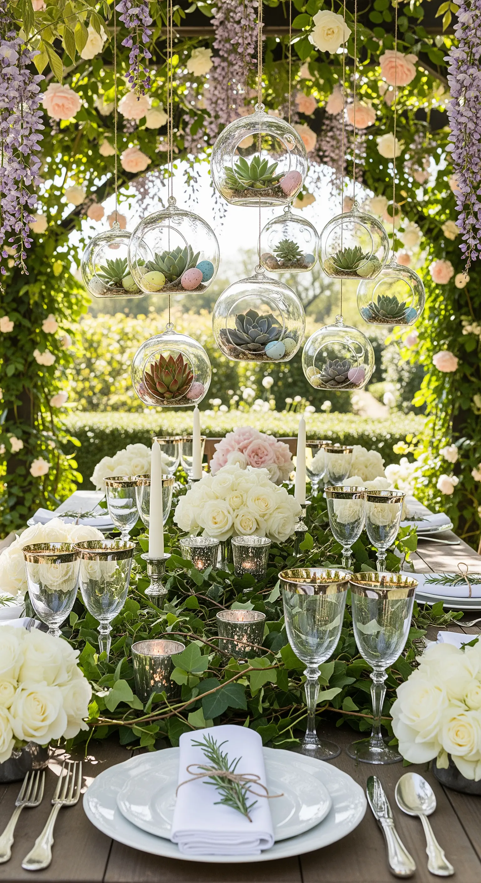 Ostertafel unter blühender Pergola mit schwebenden Terrarien und Rosen