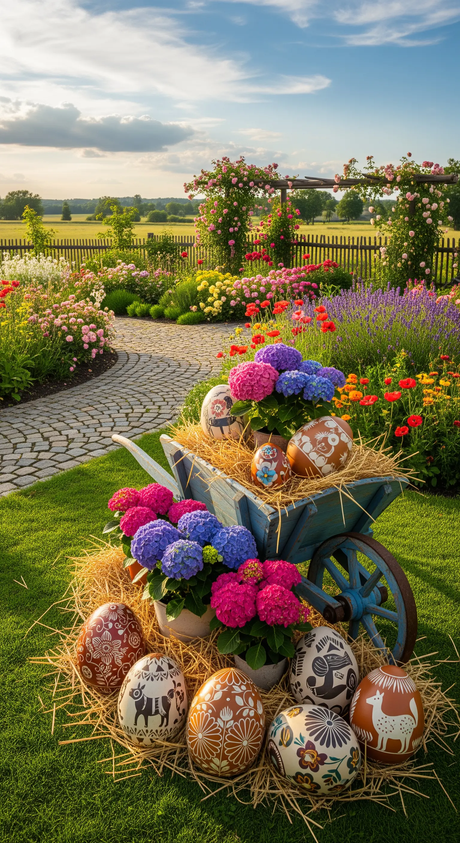 Alte Schubkarre mit Hortensien, Stroh und bemalten Ostereiern im blühenden Garten