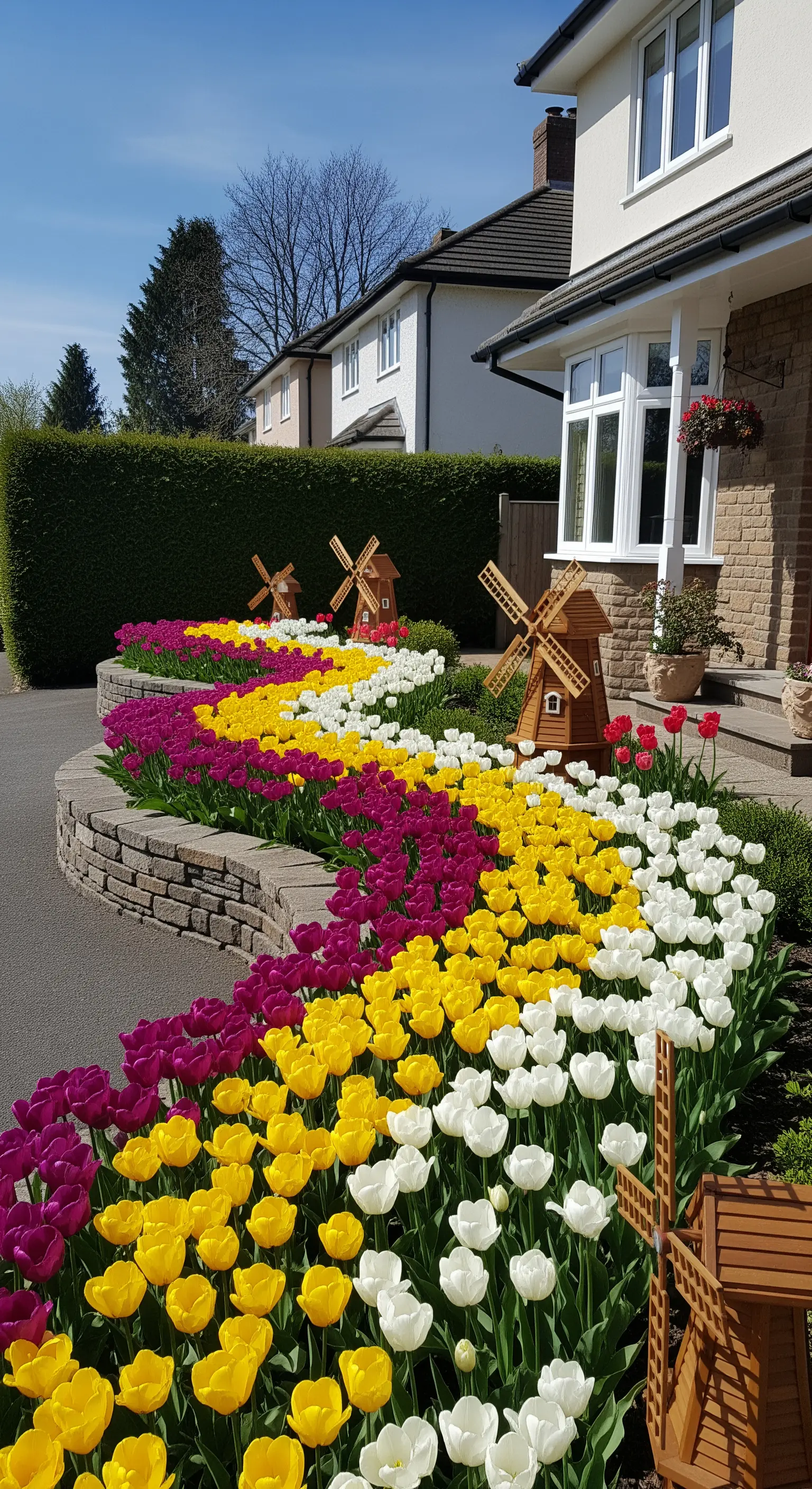 Geschwungenes Blumenbeet im Vorgarten mit Tulpen in lila, gelb und weiß.