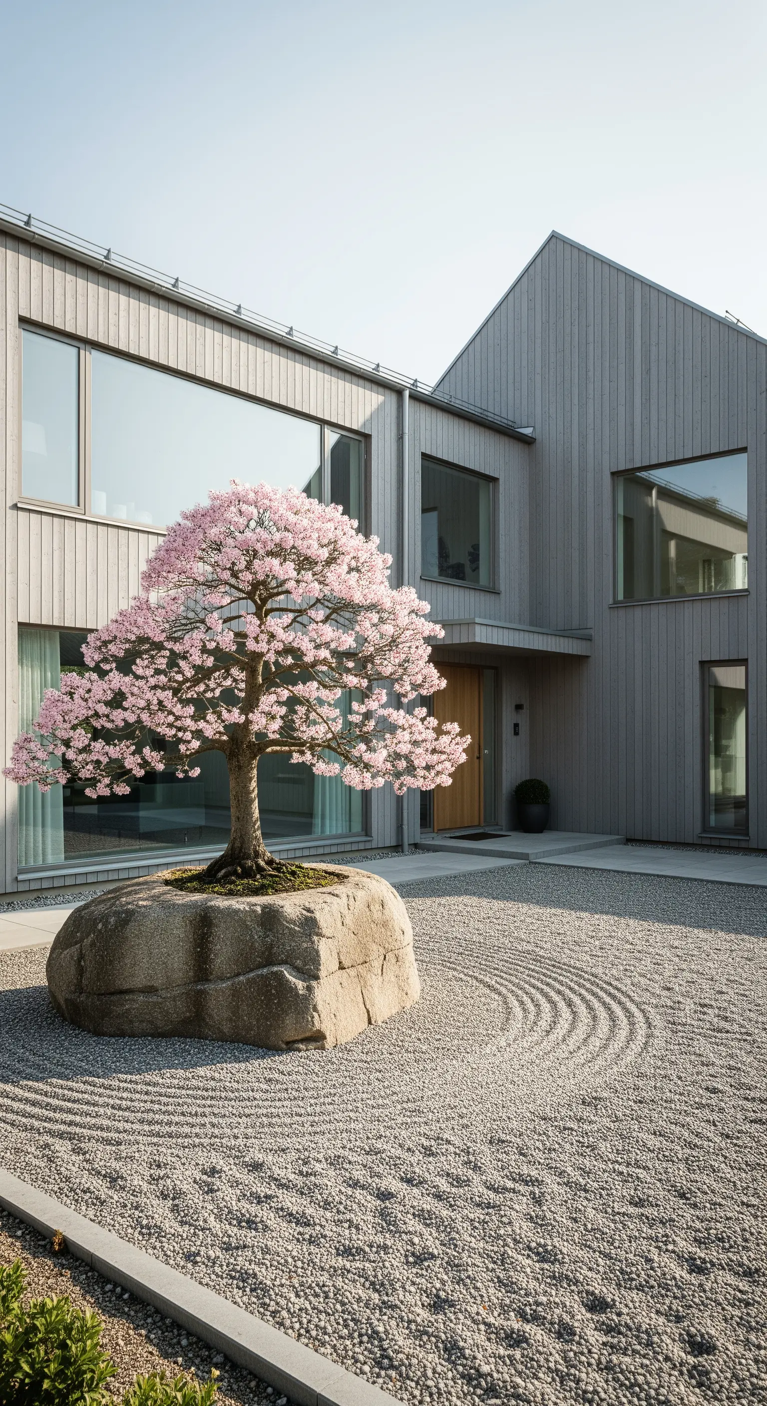 Blühender Bonsai auf großem Naturstein in einem Kiesgarten mit wellenförmigen Mustern