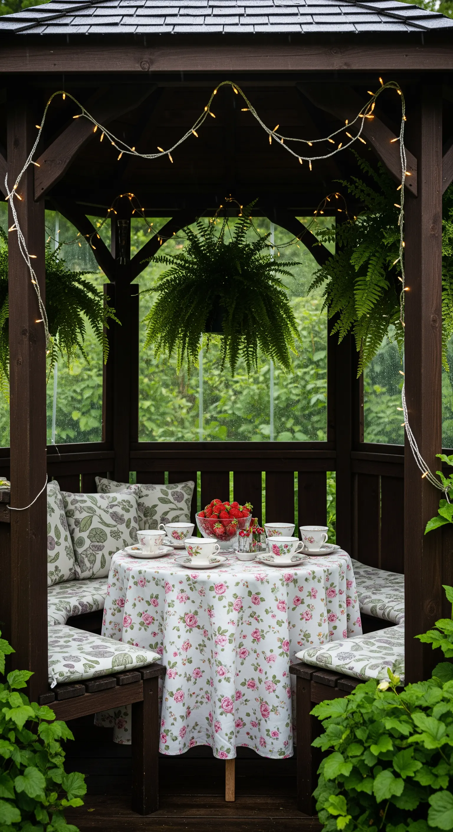 Holzpavillon mit floraler Tischdecke, Kissen, Farnen und Lichterketten.
