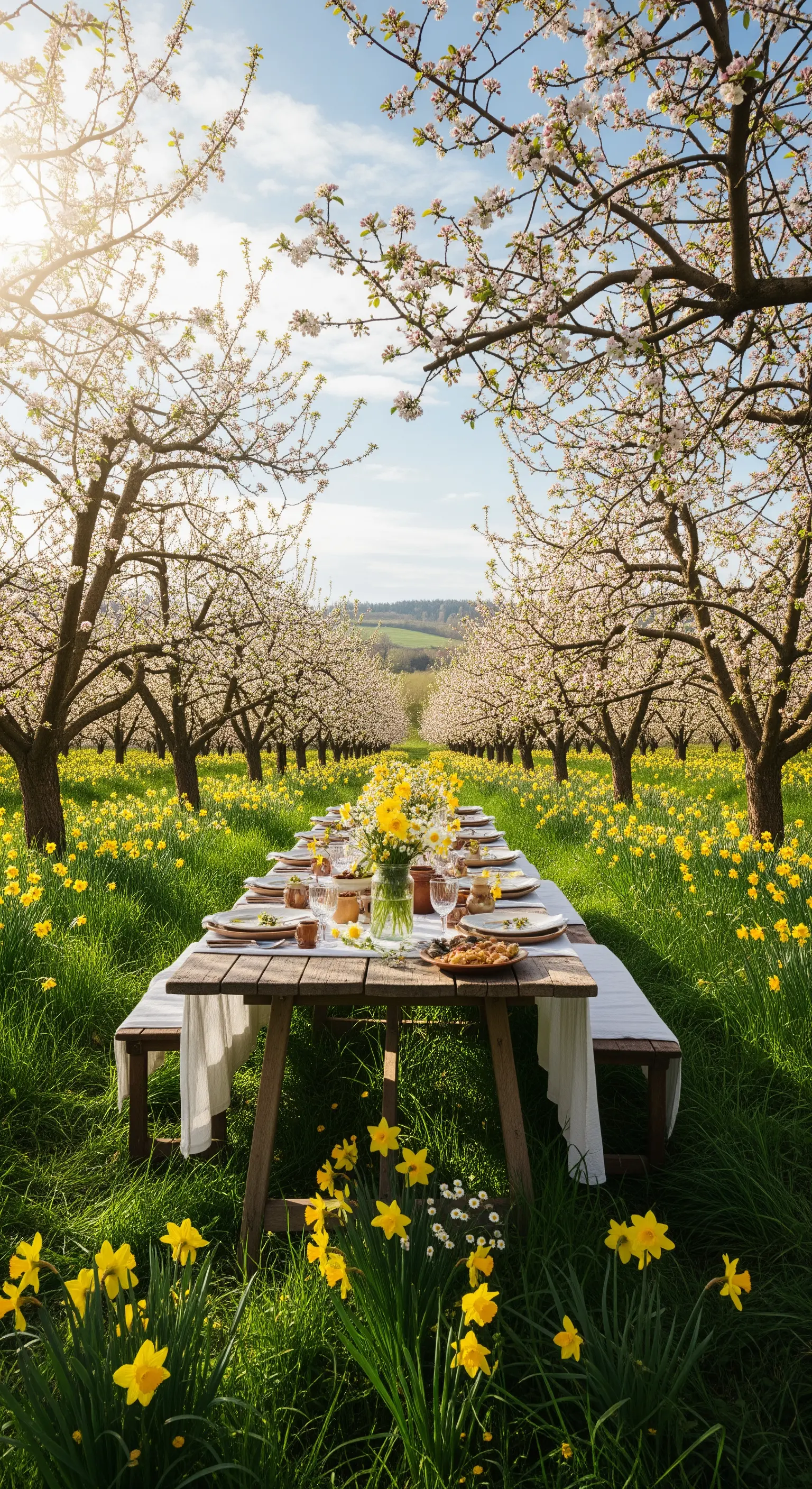 Lange Holztafel in einem blühenden Apfelbaumhain, dekoriert mit Narzissen