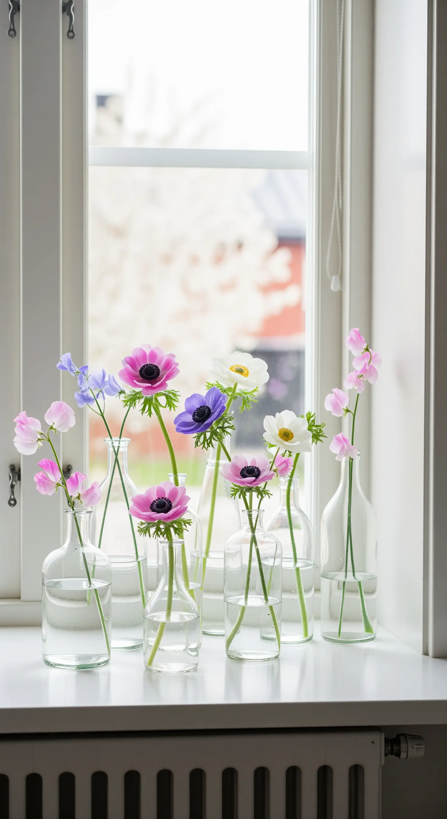 Blumen in einzelnen Glasflaschen auf dem Fensterbrett