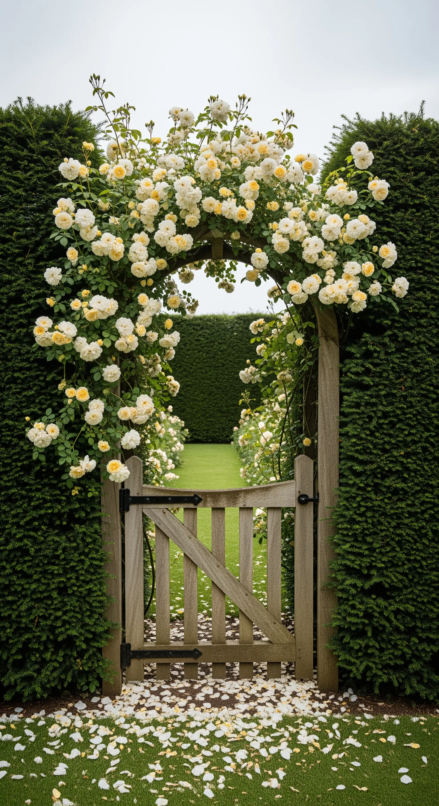 Heckenportal, Rosengate, versteckter Garten, Blütenregen