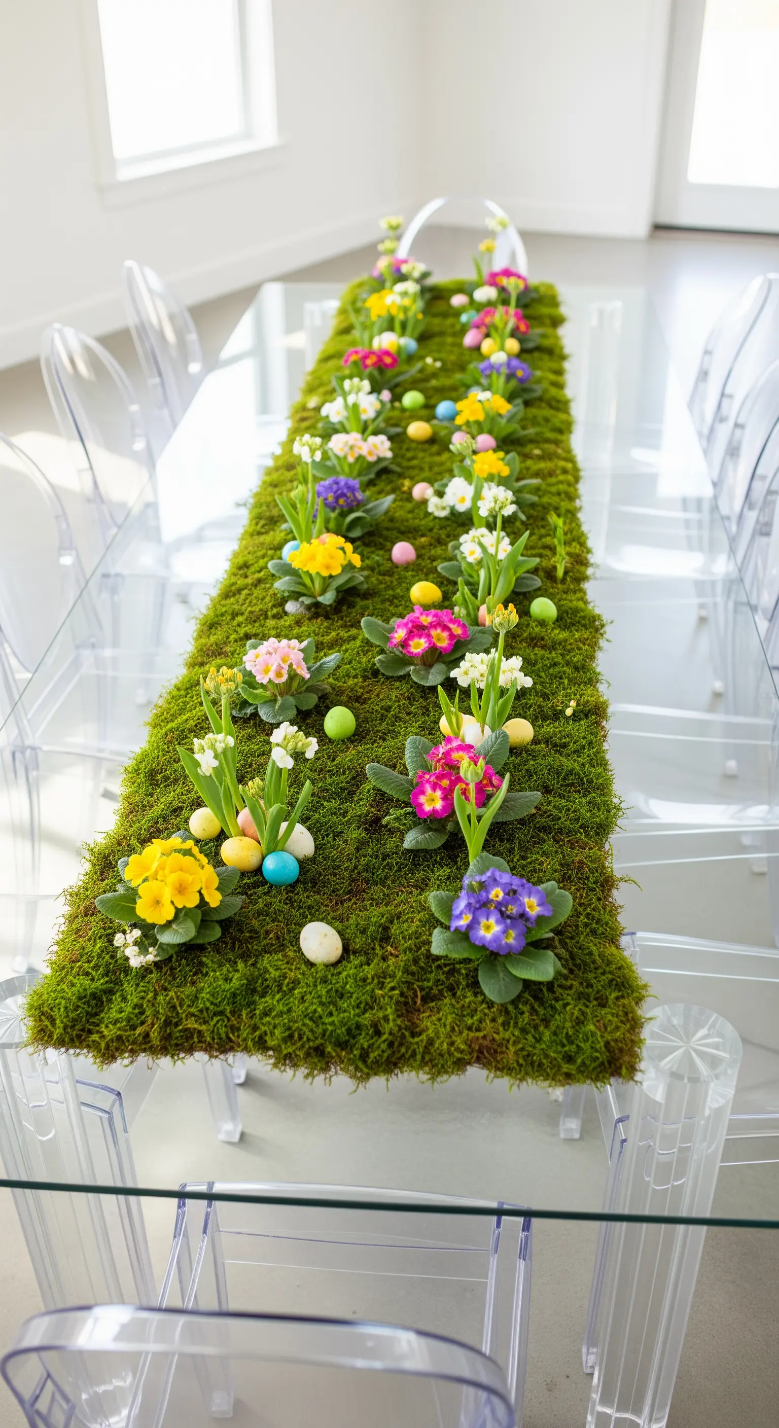 Ostertisch mit einem langen Moos-Tischläufer und bunten Frühlingsblumen