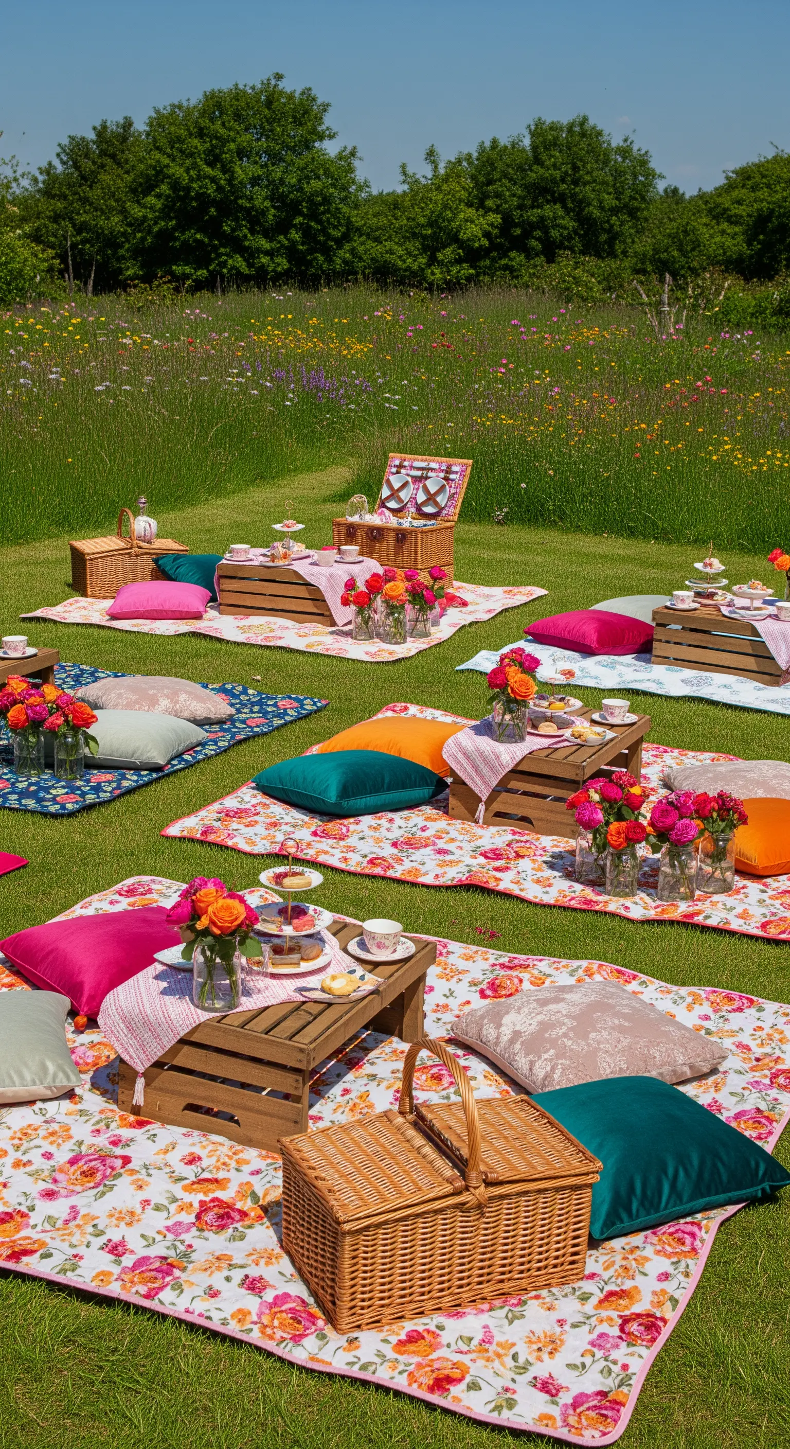Picknickdecken mit floralen Mustern, Holzkisten, Kissen und Rosensträußen