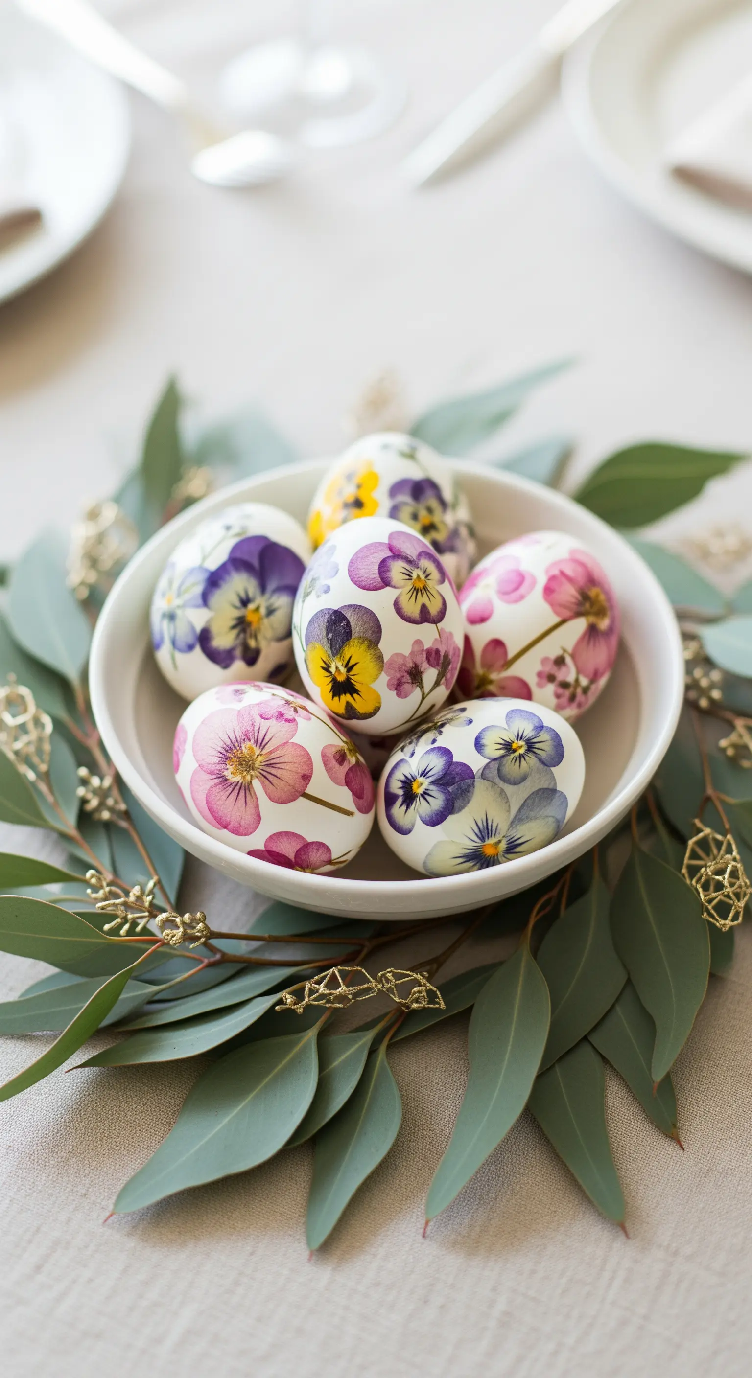 Weiße Schale mit blumenbeklebten Ostereiern auf Eukalyptuszweigen