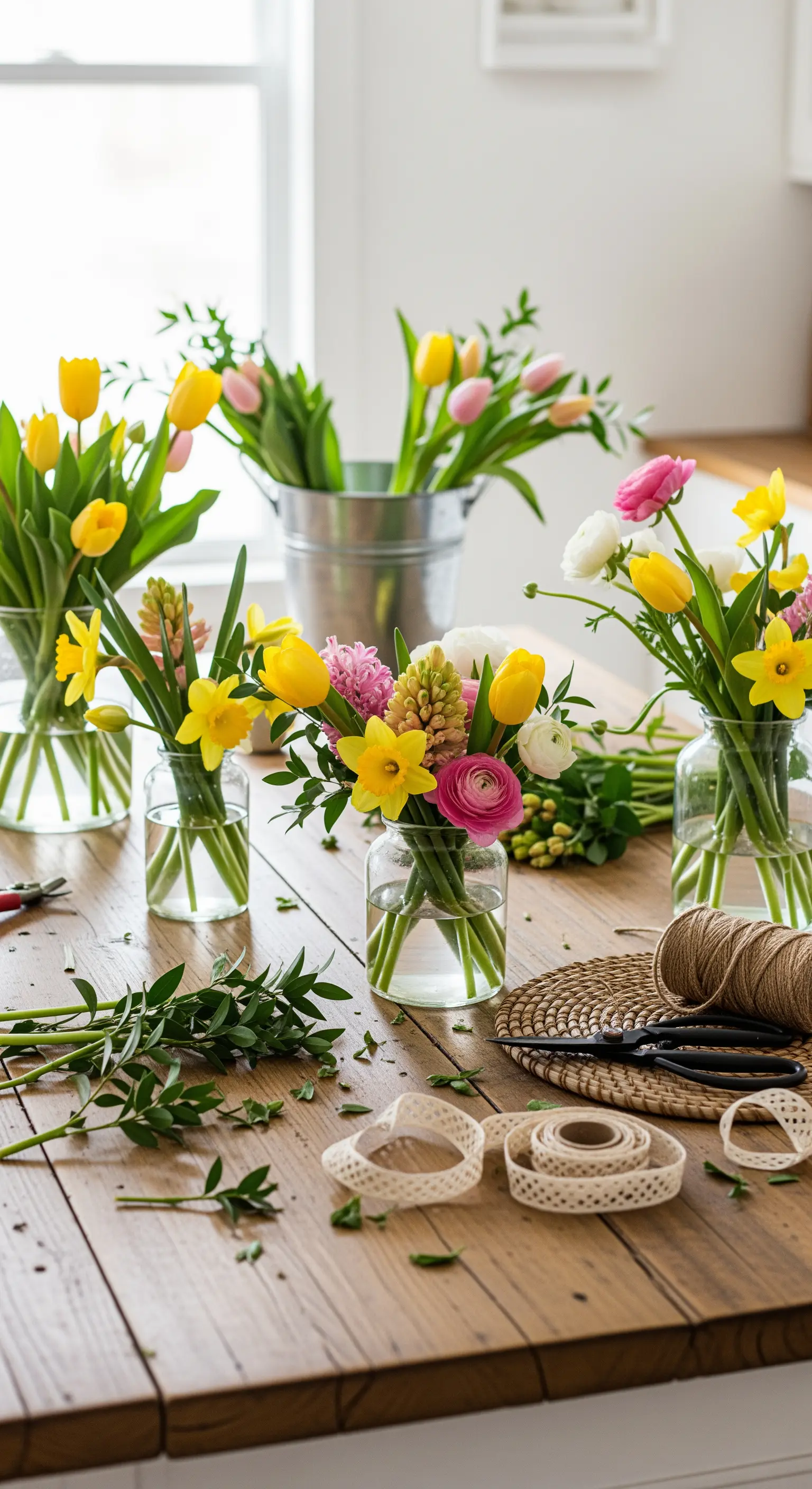 Frühlingsblumen, Glasvasen und Bindematerial auf Holztisch