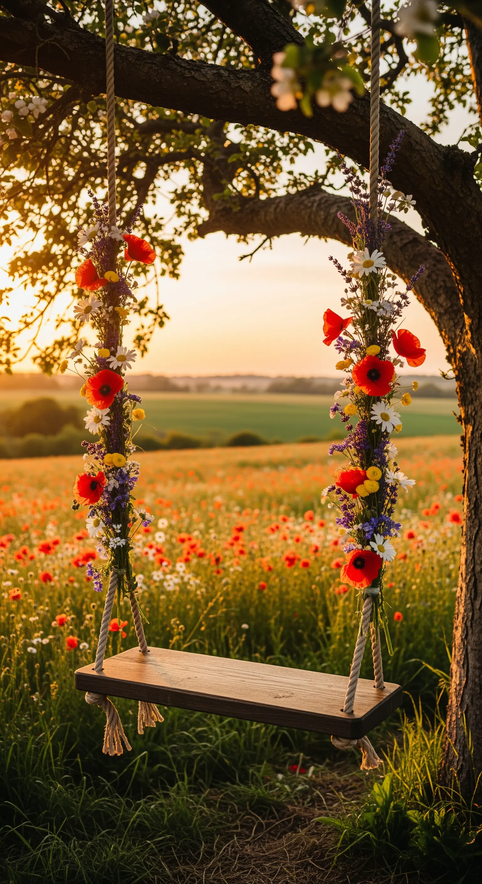Holzschaukel, mit Mohn und Wildblumen verziert, in einem Mohnfeld bei Sonnenuntergang