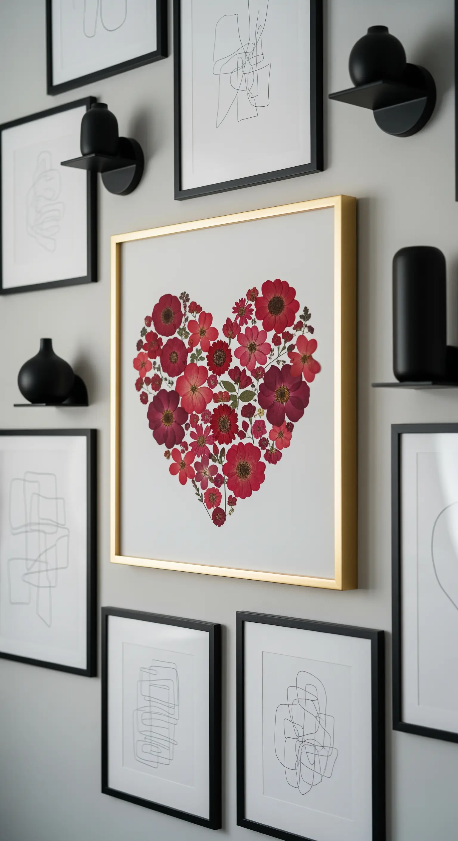 Wandgalerie mit schwarzem Rahmen und goldenem Rahmen, der ein Herz aus gepressten Blumen zeigt.
