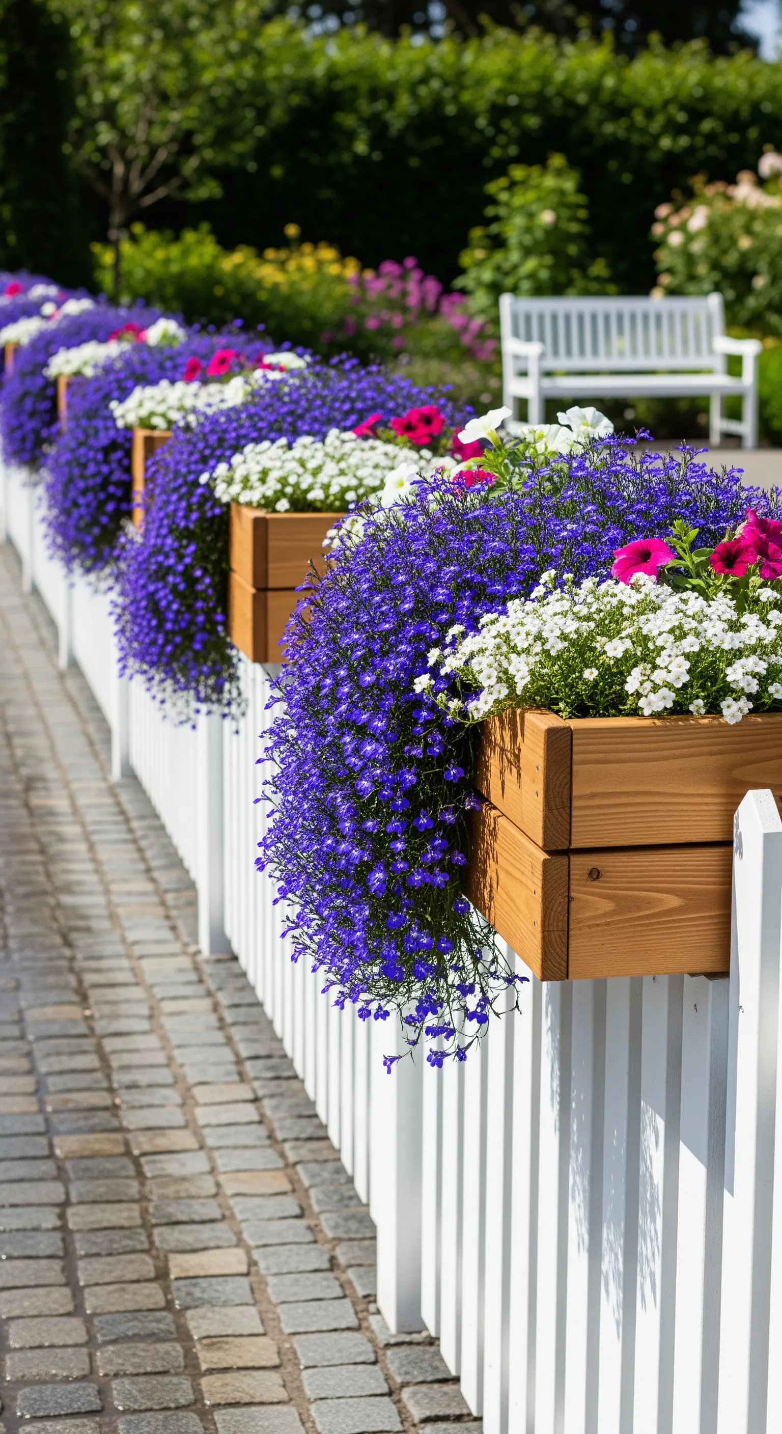 Weißer Lattenzaun mit Holzkästen voller blauer Lobelie, weißem Steinkraut und pinken Petunien
