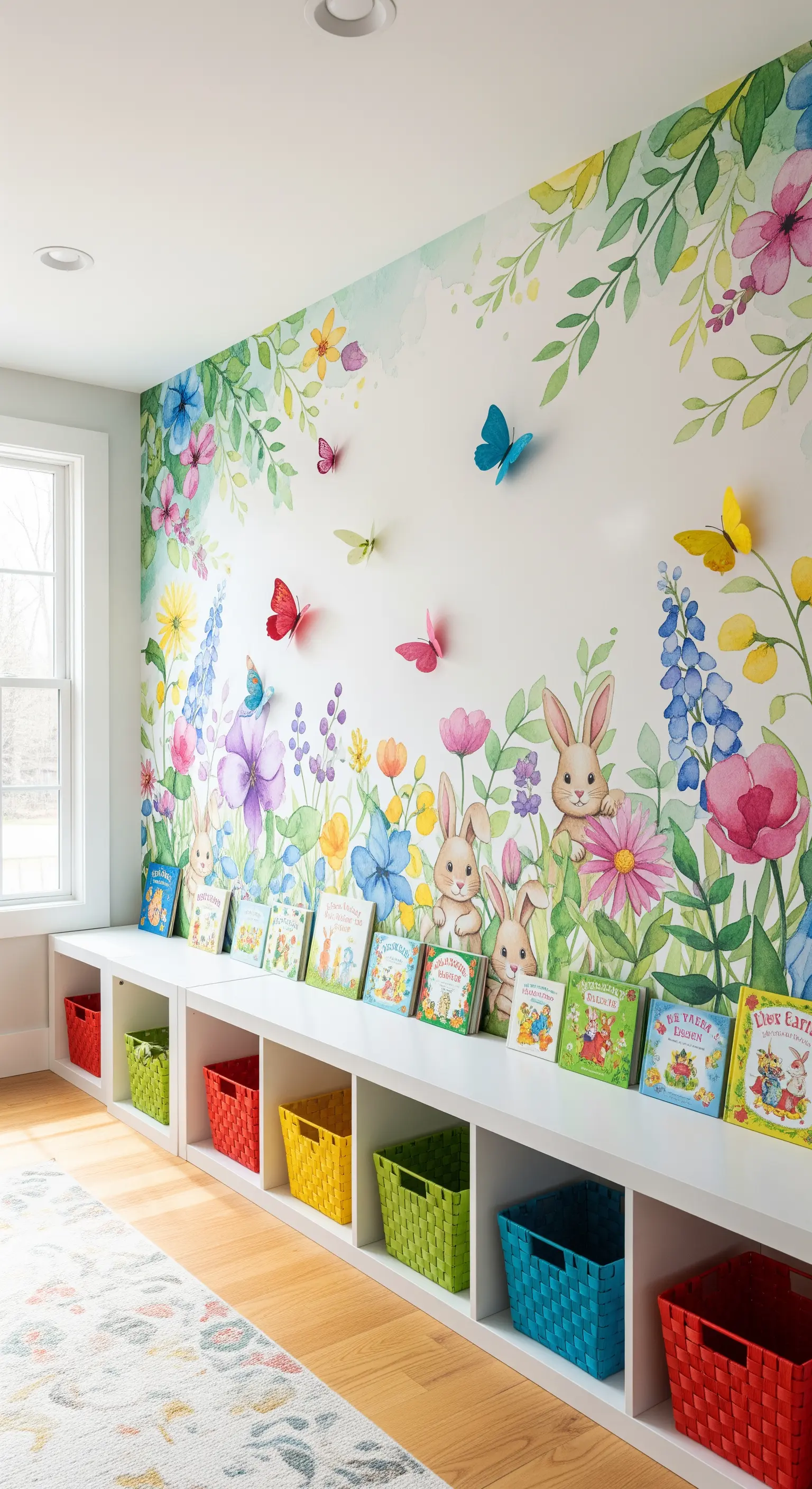 Blumenwand mit Hasen, Schmetterlingen und bunten Körben.