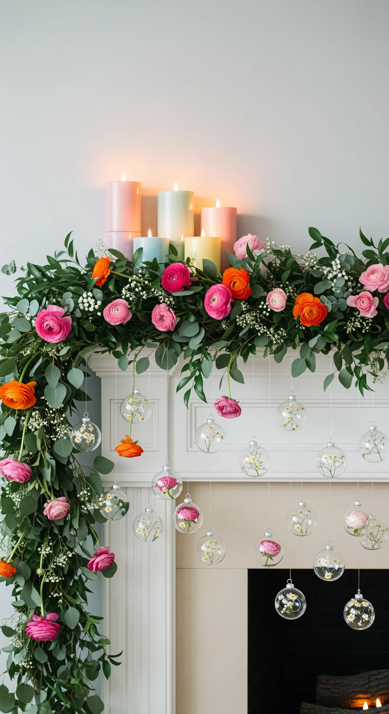 Üppige Kamindekoration mit Blumen, Grün und schwebenden Kugeln