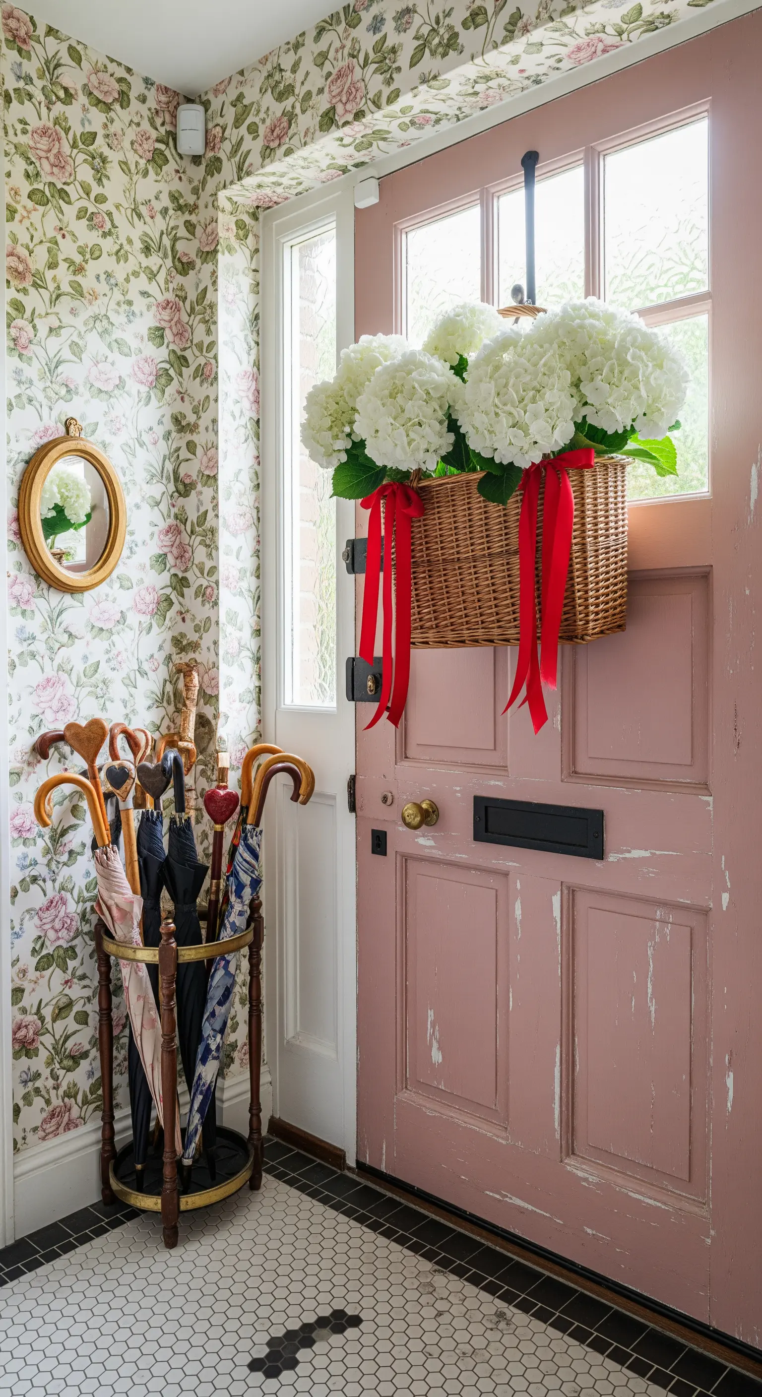 Shabby Chic Tür mit Blumenkorb, Blumen-Tapete und Schirmständer.