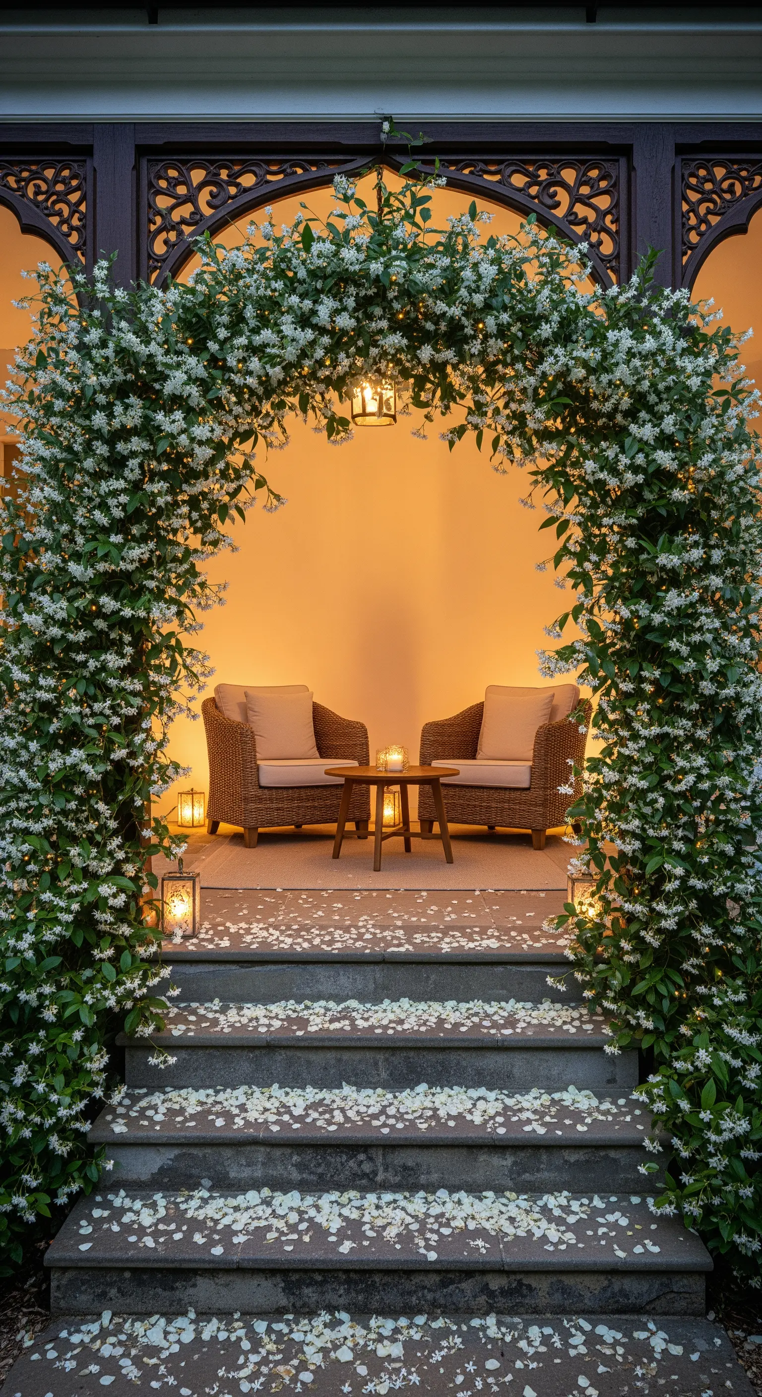 Blumiger Torbogen aus Sternjasmin, Laternen, Blütenblättern