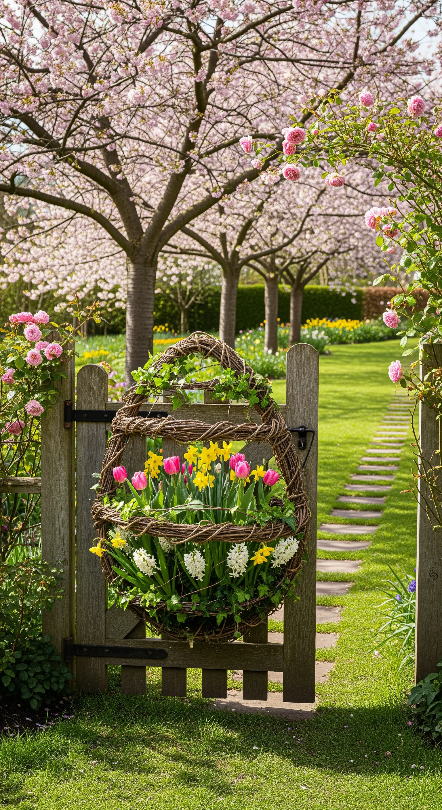 Großer Blumenkranz mit Tulpen und Narzissen am hölzernen Gartentor