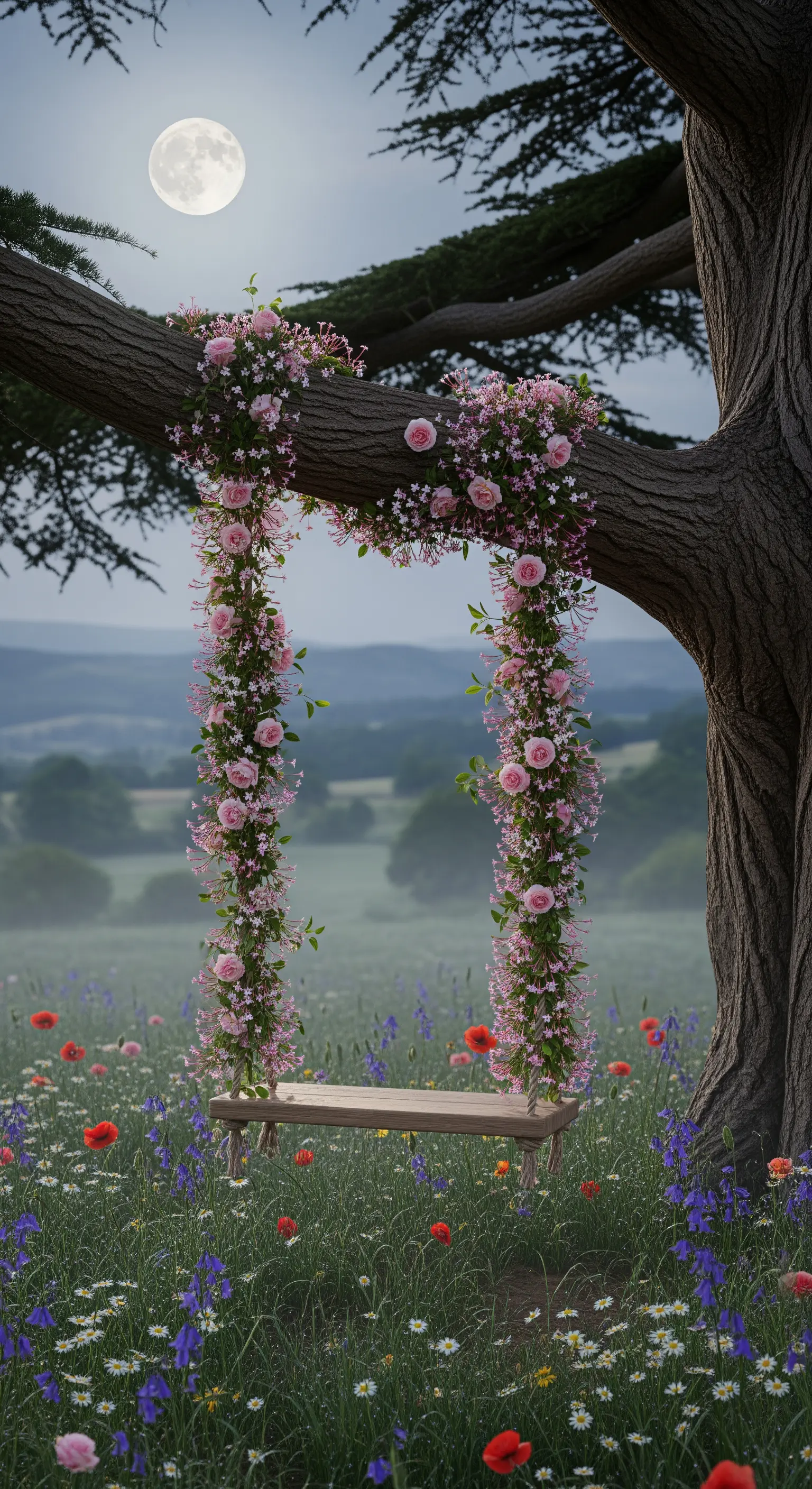 Holzschaukel mit pinken Rosen und Blüten geschmückt, unter einem Baum.