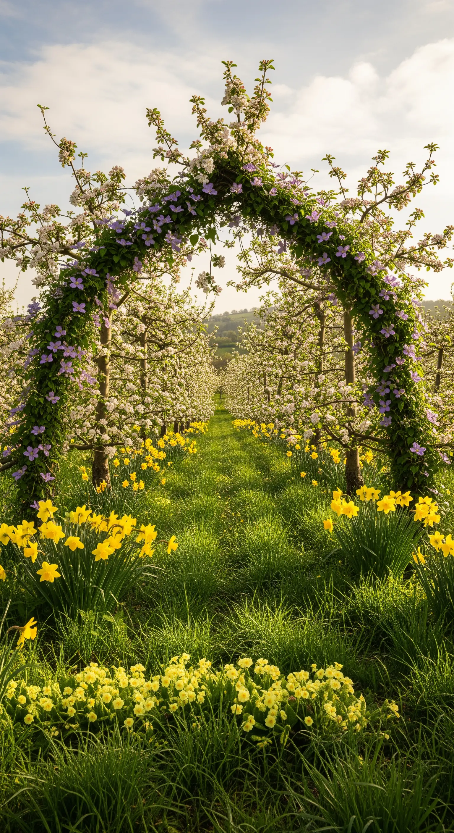 Apfelbaum-Bogen, Clematis, Narzissen, ländlicher Garten