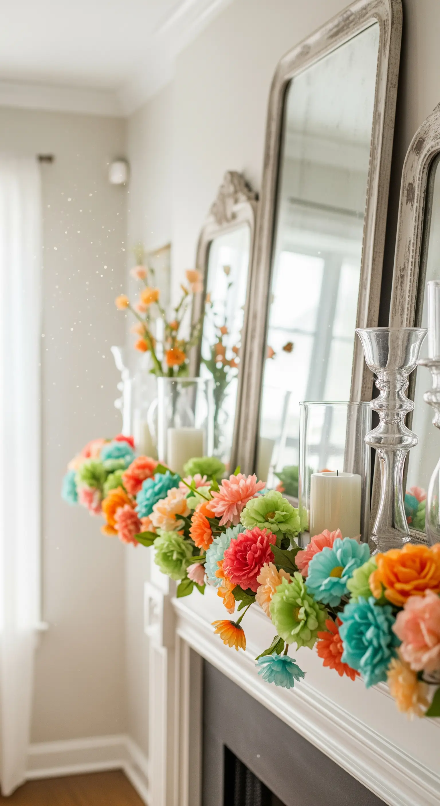 Kaminsims mit bunter Blütenkranz-Girlande, Vintage-Spiegeln, Kerzen