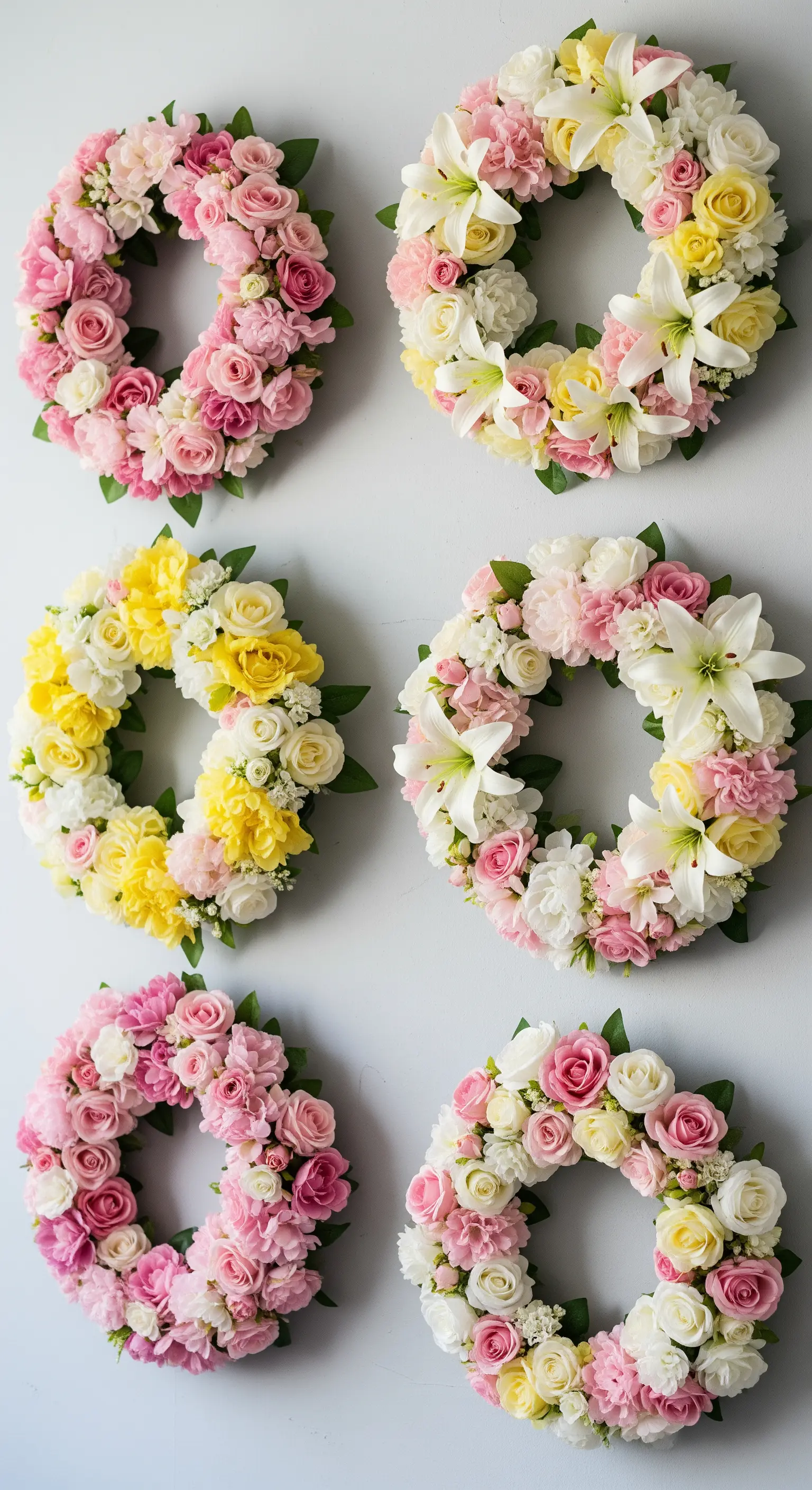 Wandgalerie mit sechs Blütenkränzen in Pastellfarben (Rosa, Gelb, Weiß)