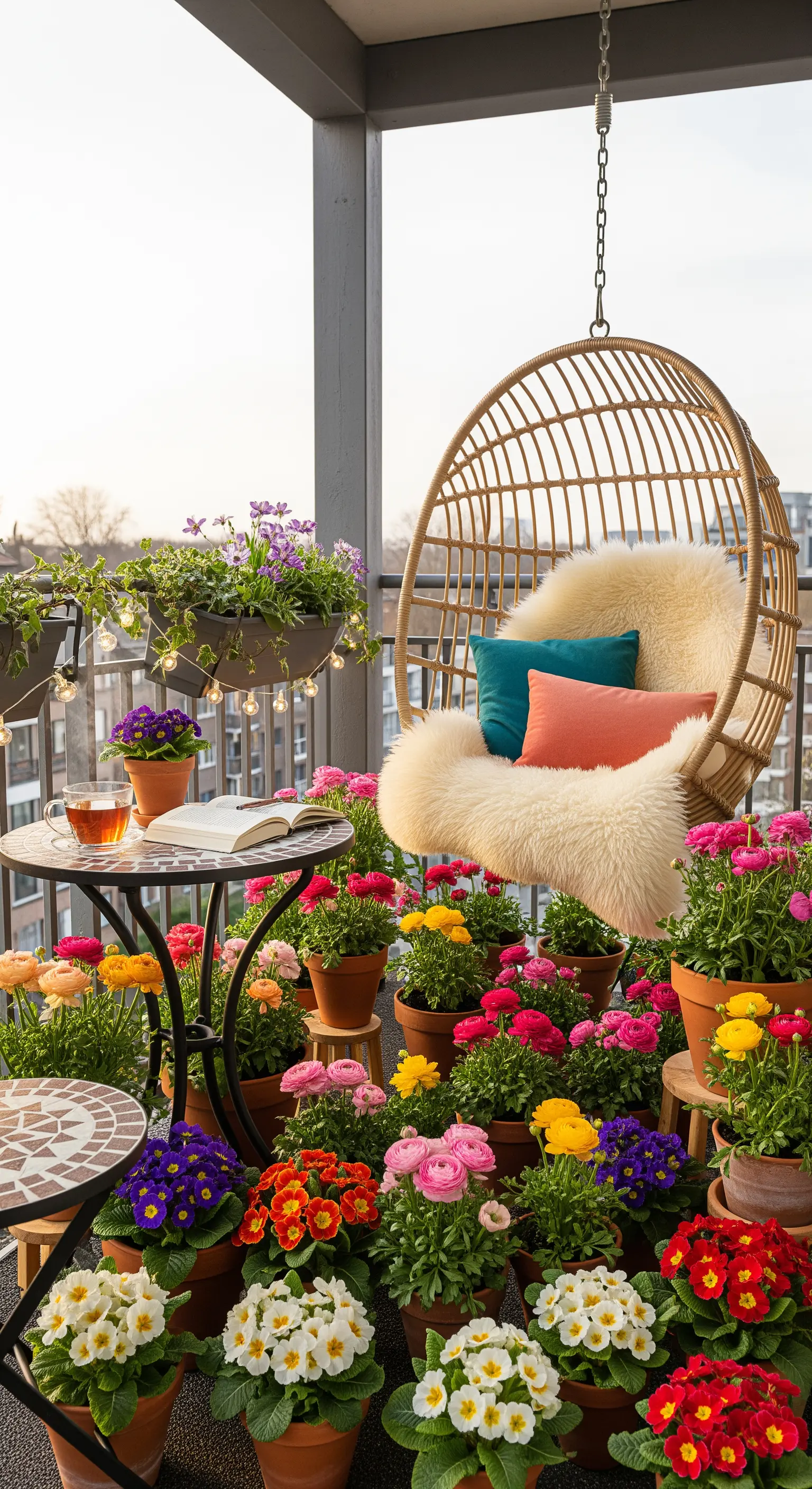 Balkon voller bunter Primeln und einem gemütlichen Hängesessel aus Rattan