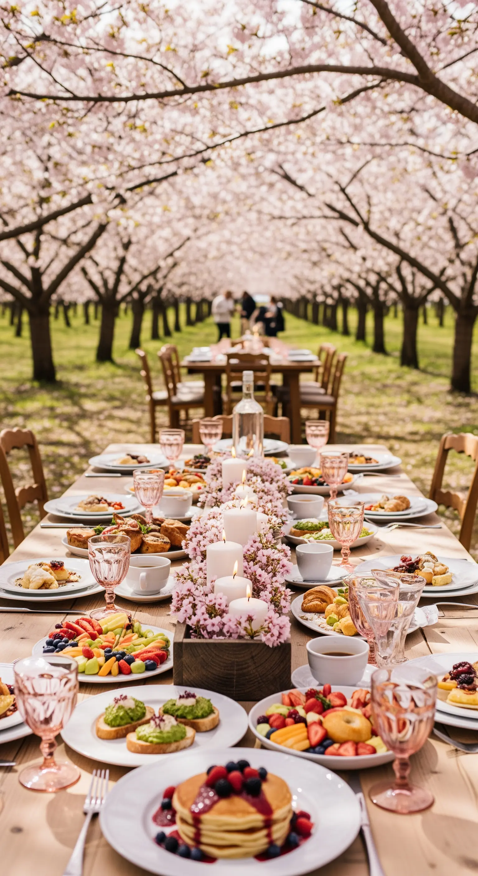 Kirschblüten-Centerpiece mit Kerzen unter blühenden Bäumen
