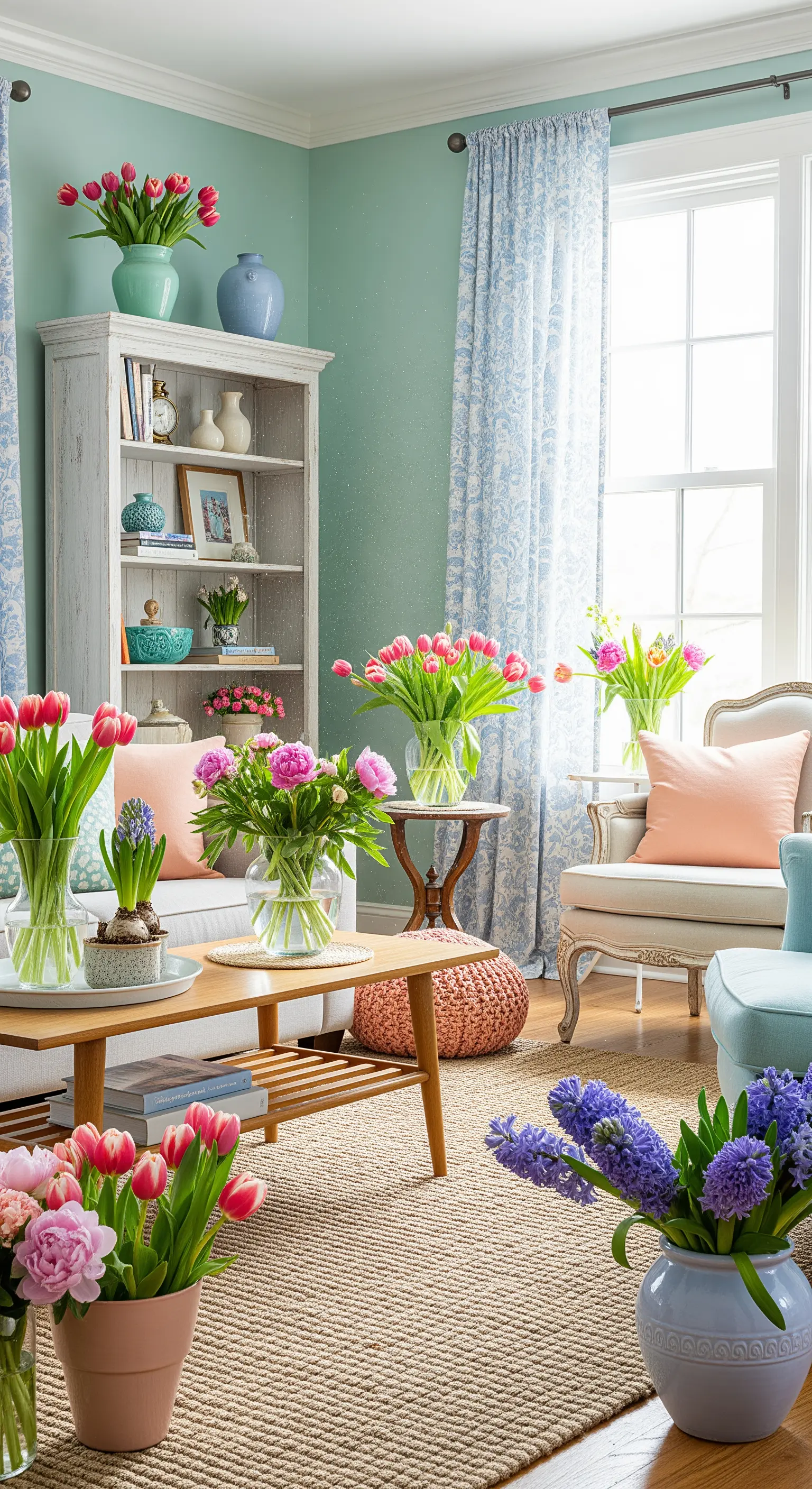 Wohnzimmer mit mintgrünen Wänden, unzähligen Frühlingsblumen, weißem Regal