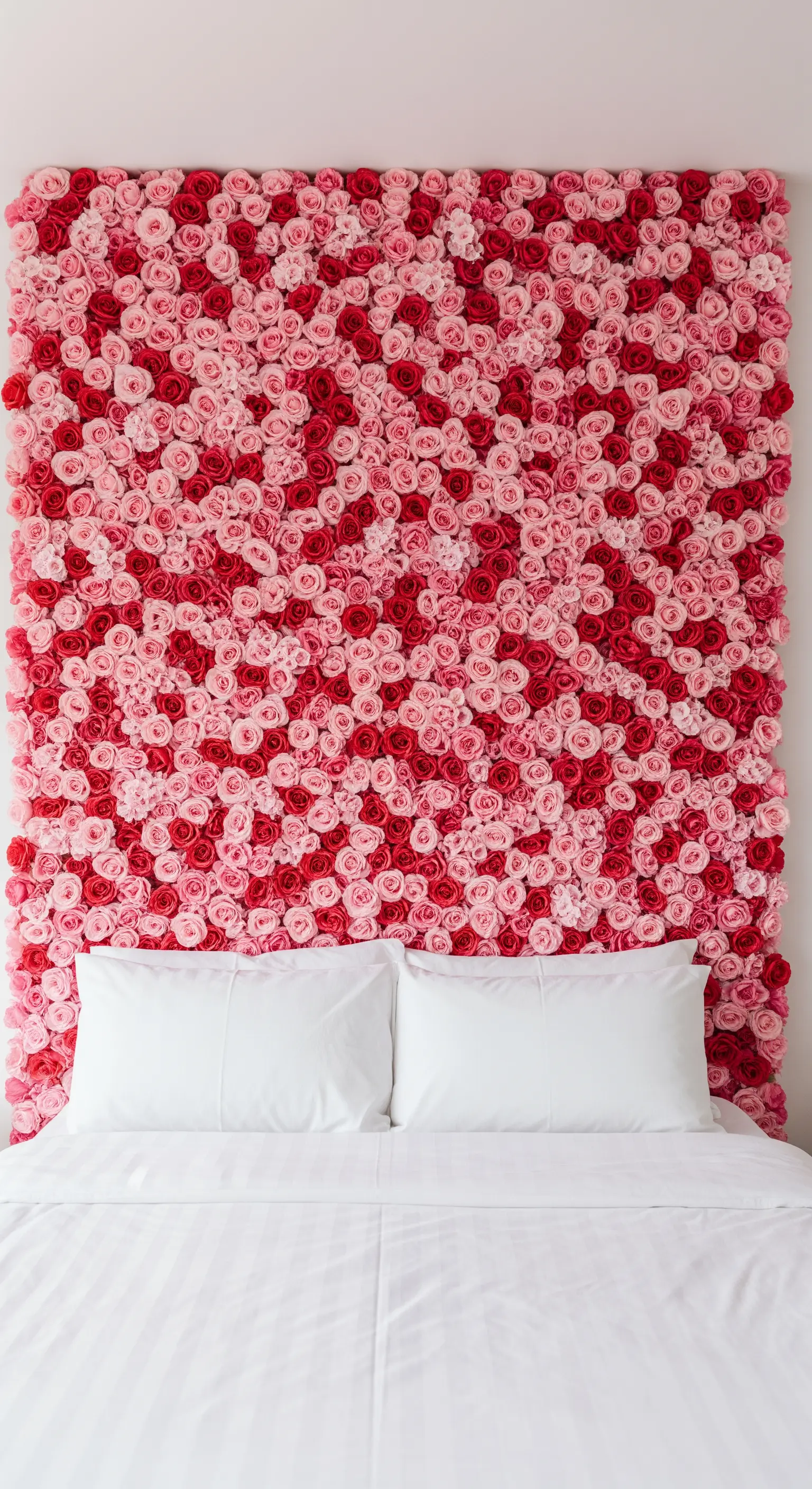 Schlafzimmer mit einem Kopfteil aus roten und pinken Rosen