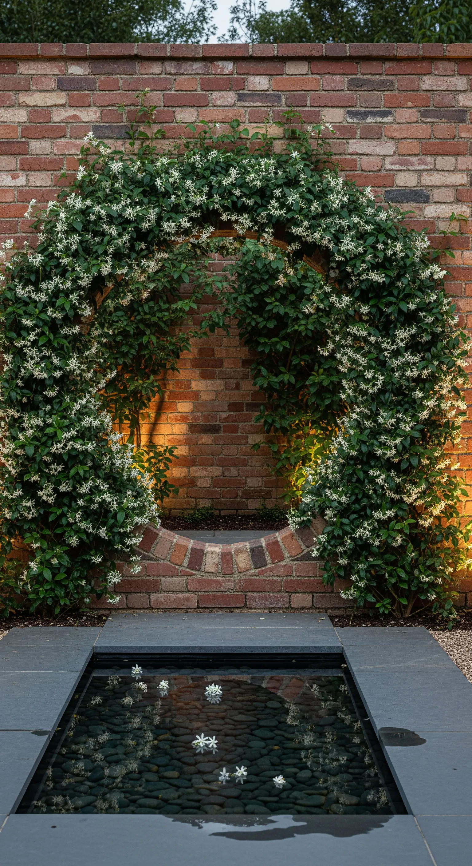 Blumen-Nische, Wasserbecken, Backsteinmauer, Jasminranken