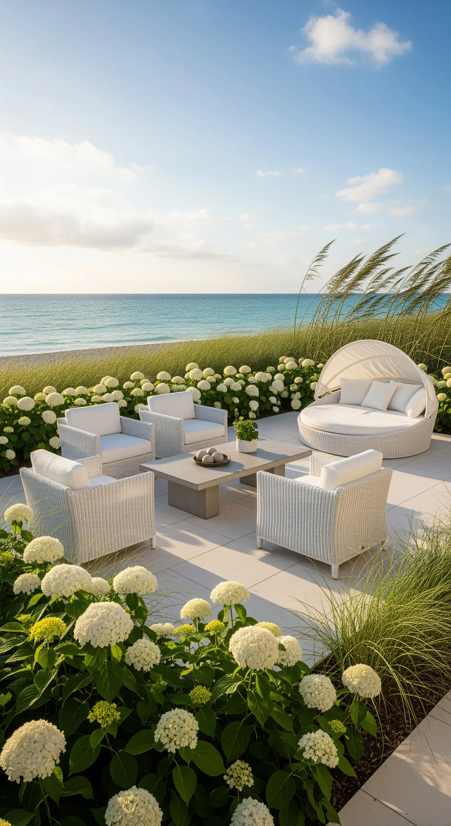 Patio mit weißen Möbeln, Hortensien und Meerblick