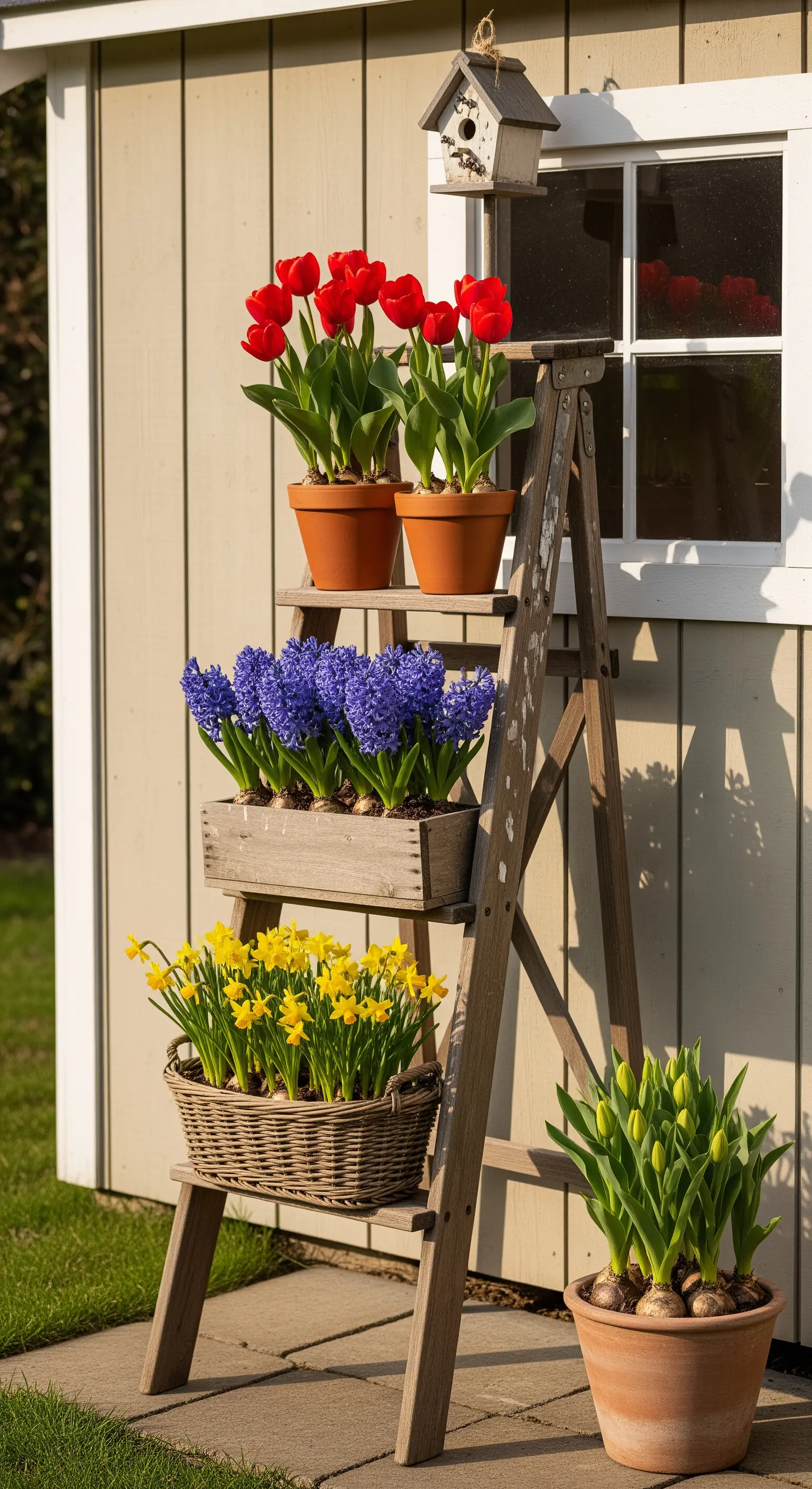 Alte Holzleiter dient als Blumenregal für Tulpen, Narzissen und Hyazinthen.