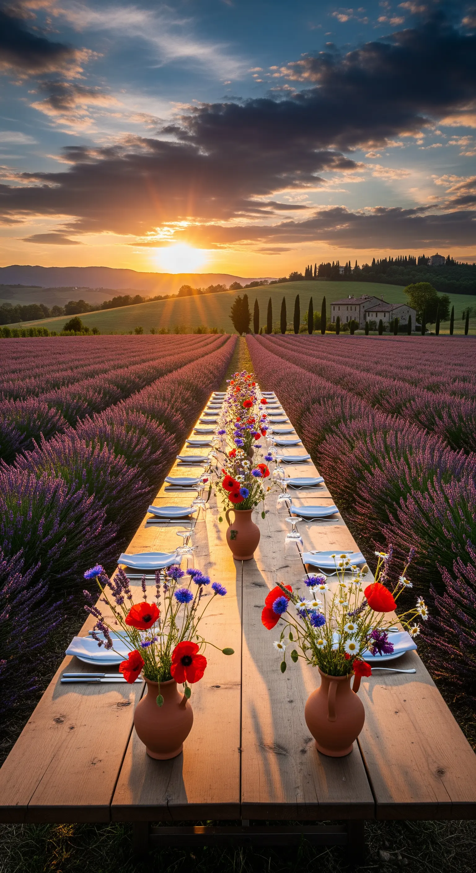 Lange Holztische in Lavendelfeld mit Terrakotta-Vasen und bunten Wildblumen